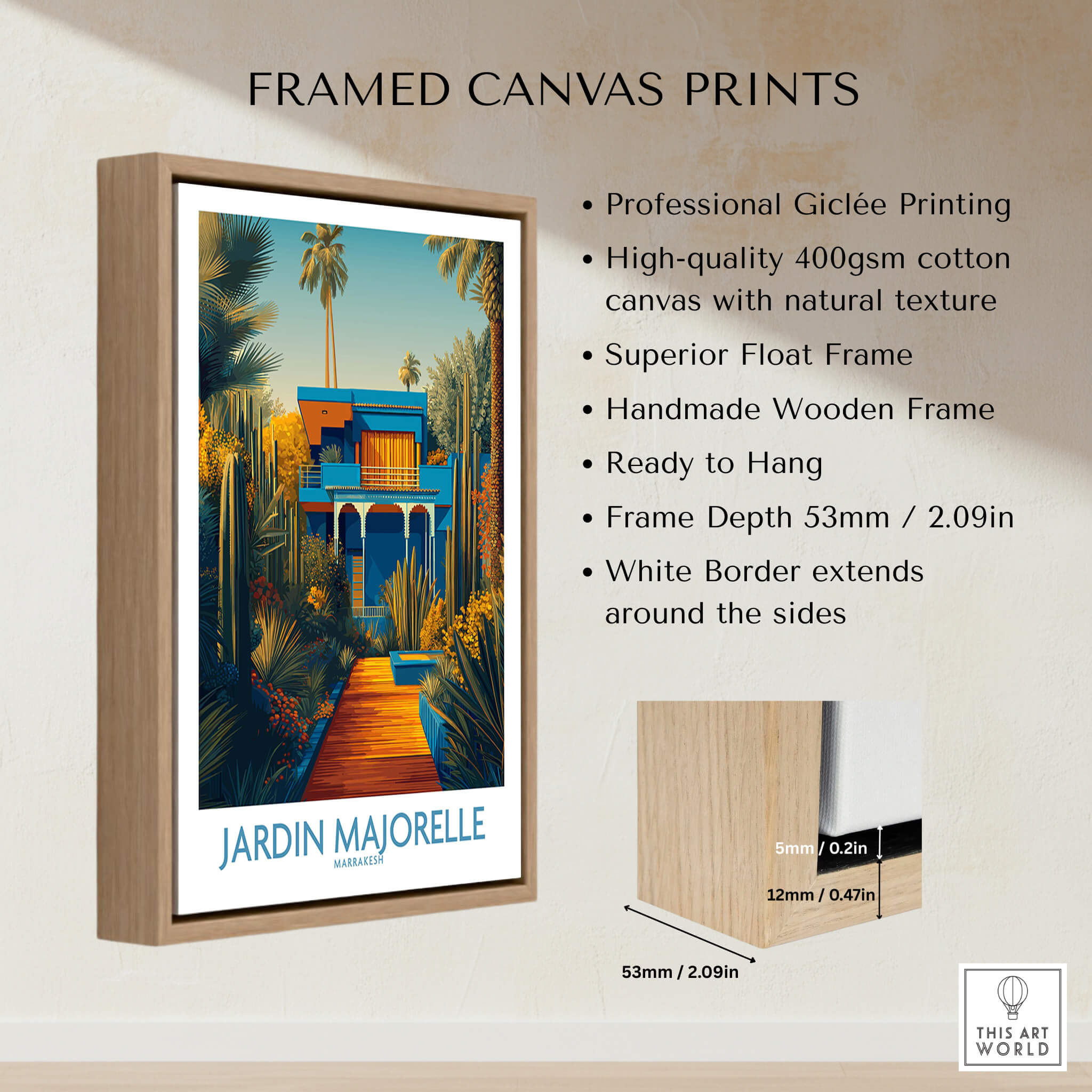 Jardim Majorelle Marrakesh Posters | Vibrant Architecture & Palms Canvas Print in a framed display highlighting professional Giclée printing.