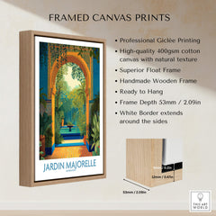 Jardim Majorelle Marrakesh Canvas Print | Tropical Oasis Landscape Poster framed canvas with wooden border and vibrant colors.