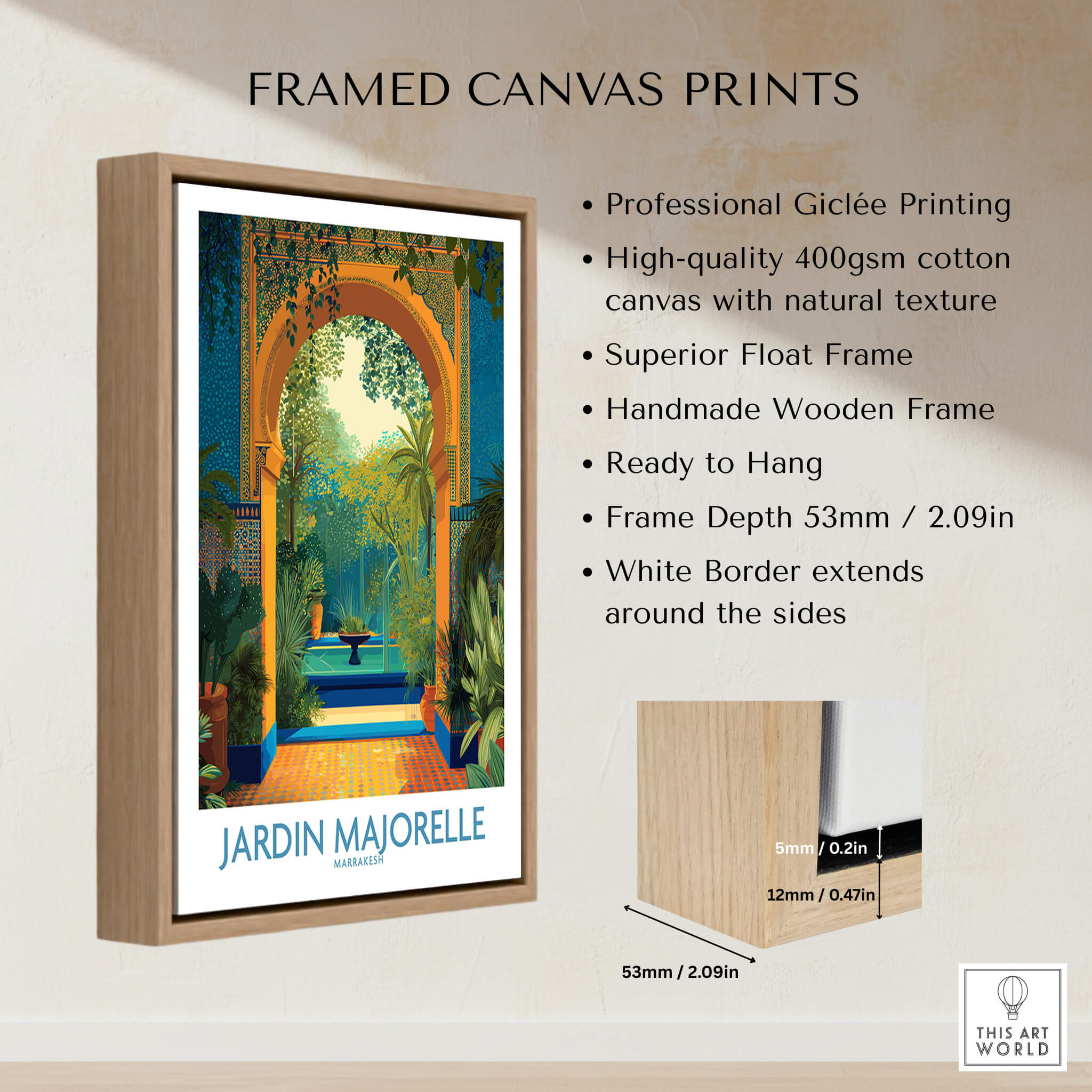 Jardim Majorelle Marrakesh Canvas Print | Tropical Oasis Landscape Poster framed canvas with wooden border and vibrant colors.