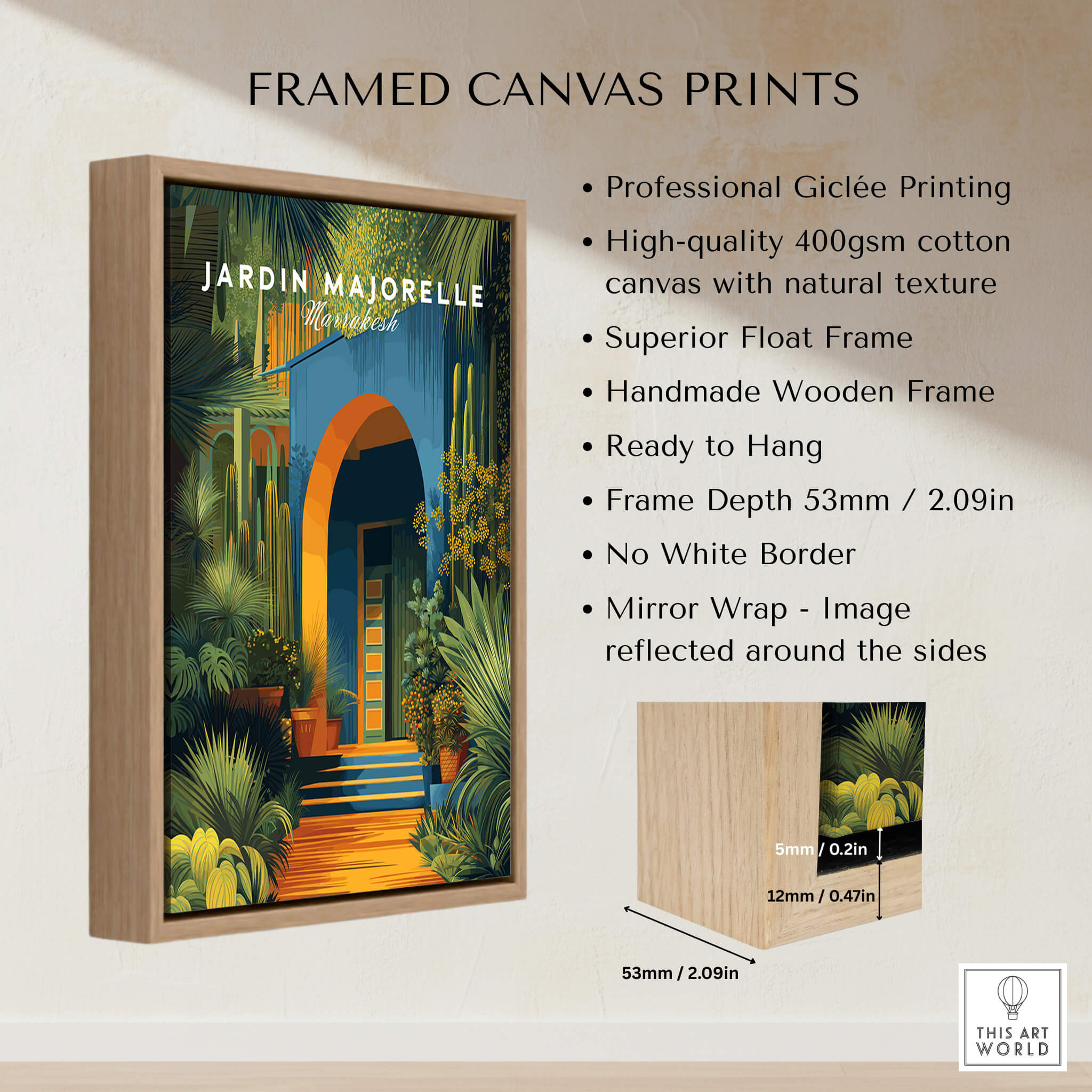 Jardim Majorelle Marrakesh Wall Art Print | Botanical Moroccan Villa Travel Poster framed canvas print features.
