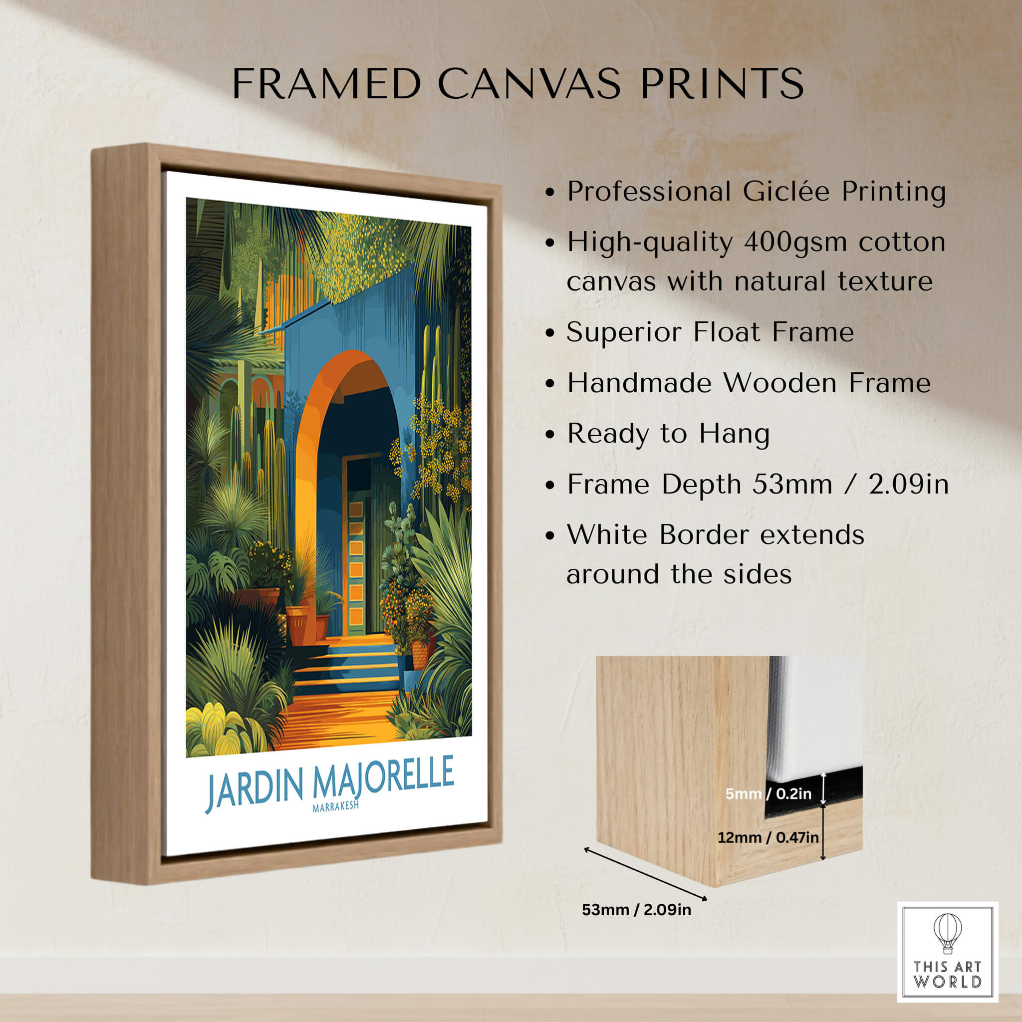 Jardim Majorelle Marrakesh Posters | Canvas Print featuring vibrant colors and intricate design in a framed display.