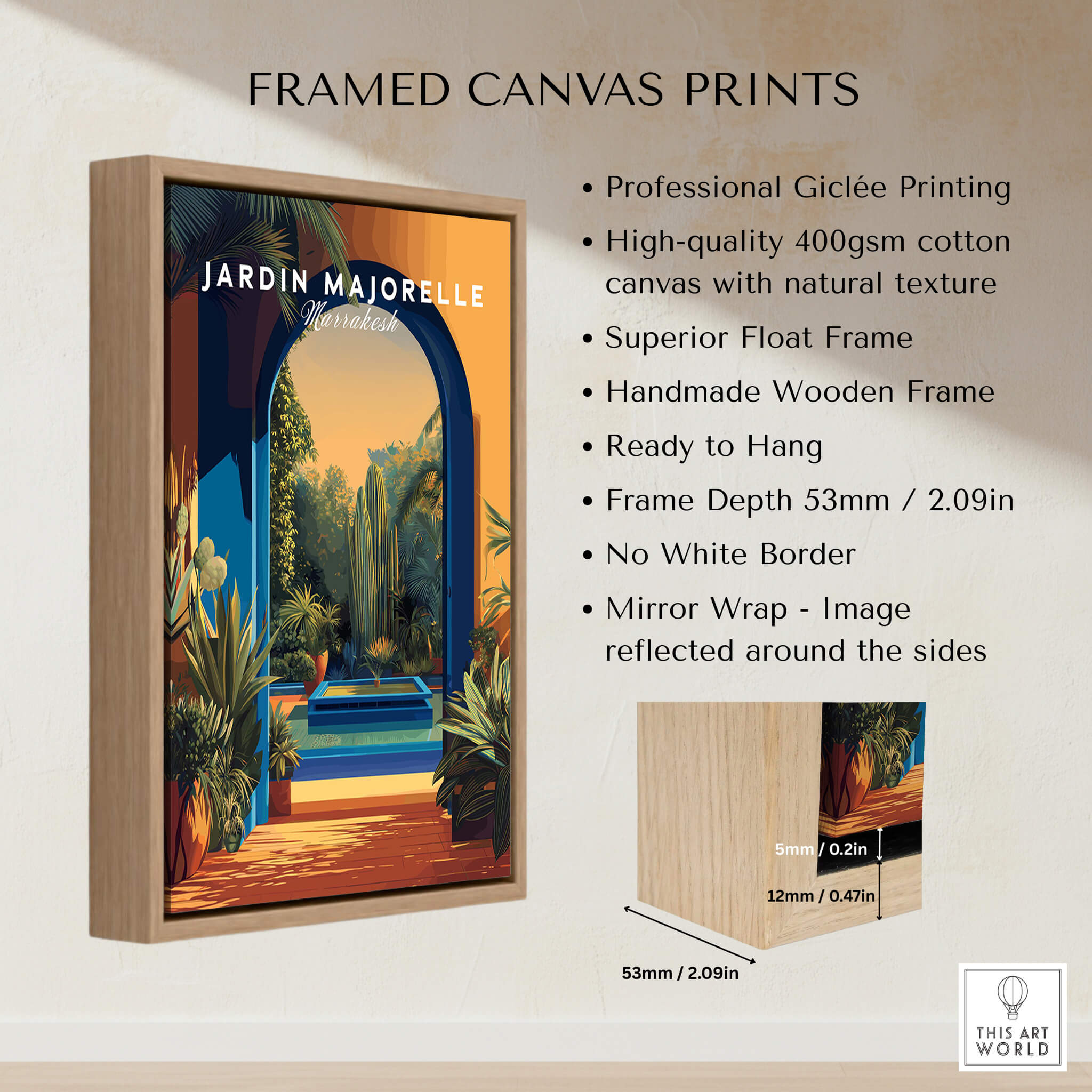 Jardim Majorelle Marrakesh Travel Posters | Garden Fountain Scene Wall Art Print framed canvas with wooden texture