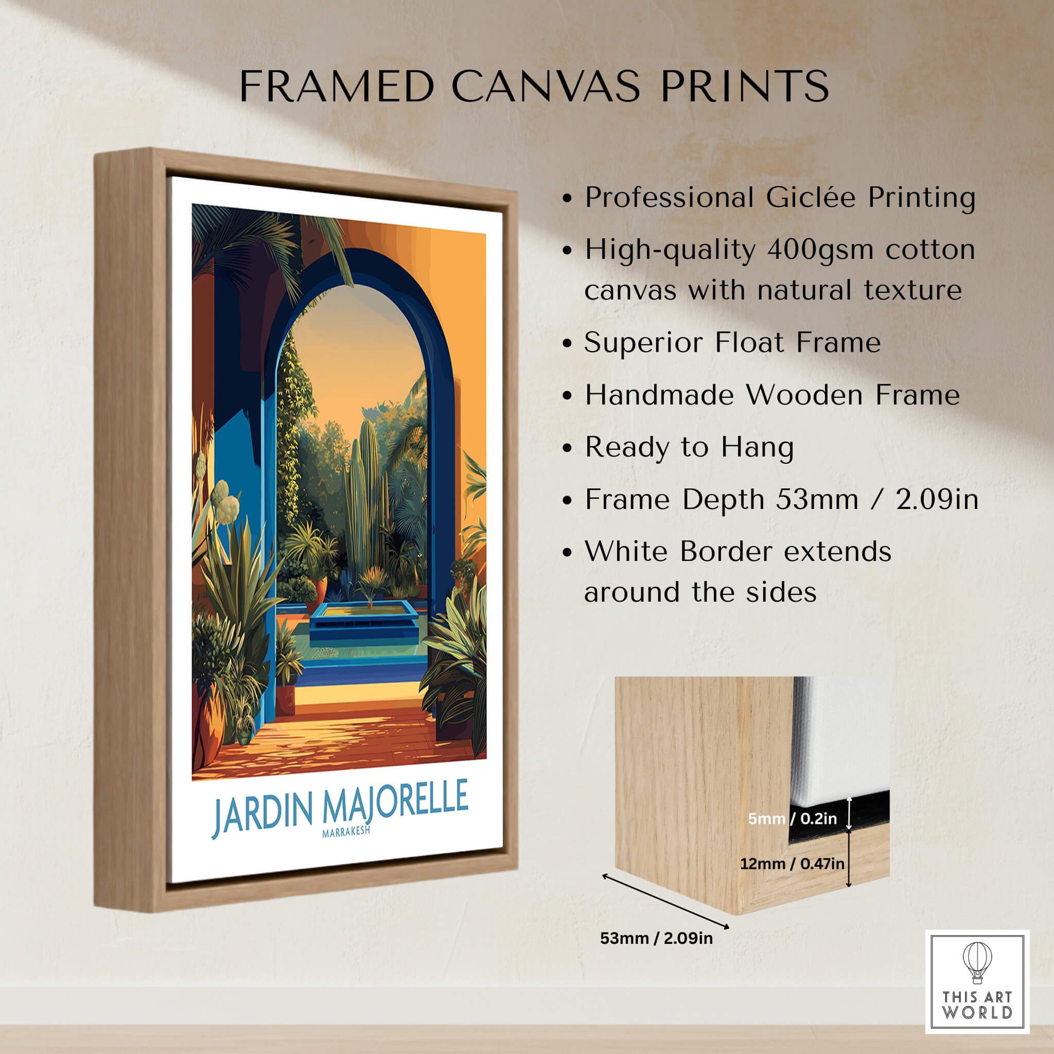 Jardim Majorelle Marrakesh Canvas Print | Exotic Plant & Architecture Posters framed and ready to hang with a white border.