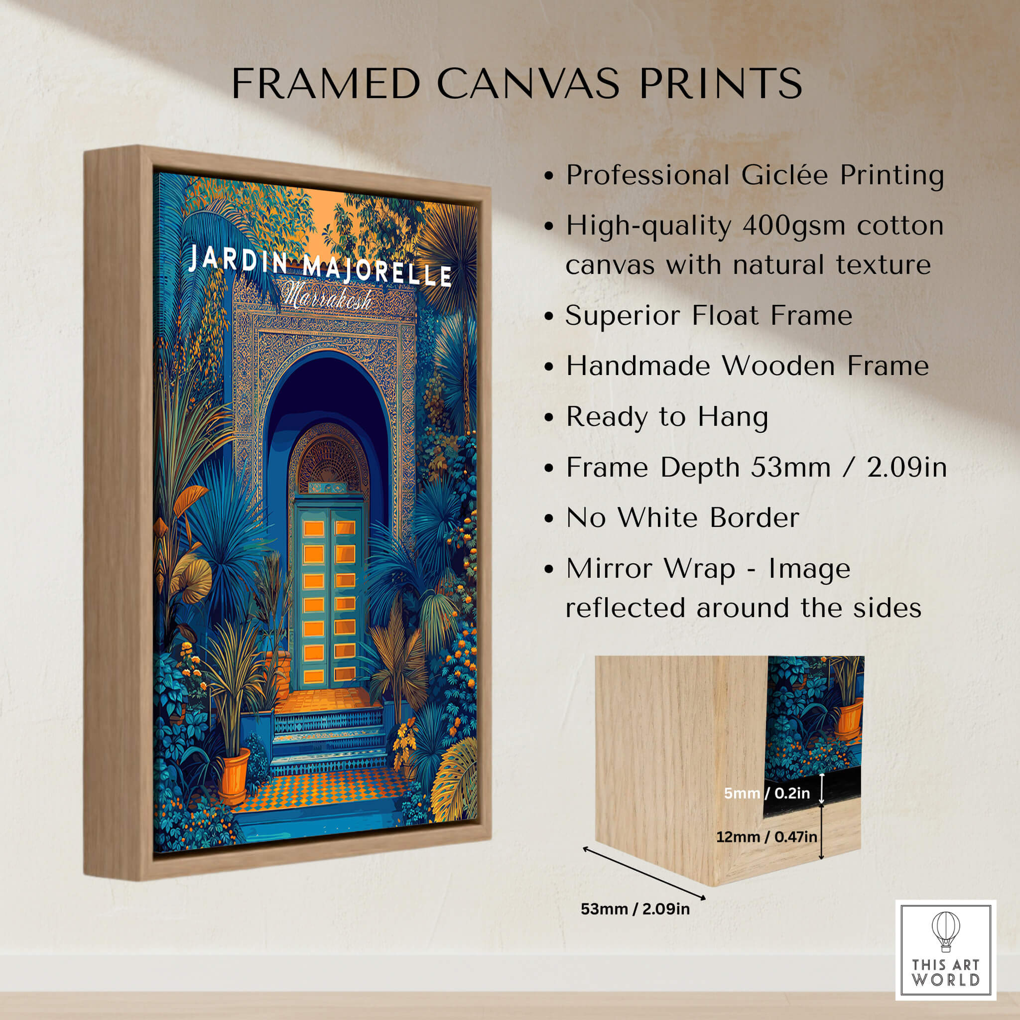 Jardim Majorelle Marrakesh Wall Art Print | Ornate Moroccan Doorway Travel Posters framed canvas print with detailed description.