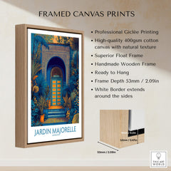 Jardim Majorelle Marrakesh Posters | Detailed Blue Architecture Canvas Print showcased in a stylish wooden frame.