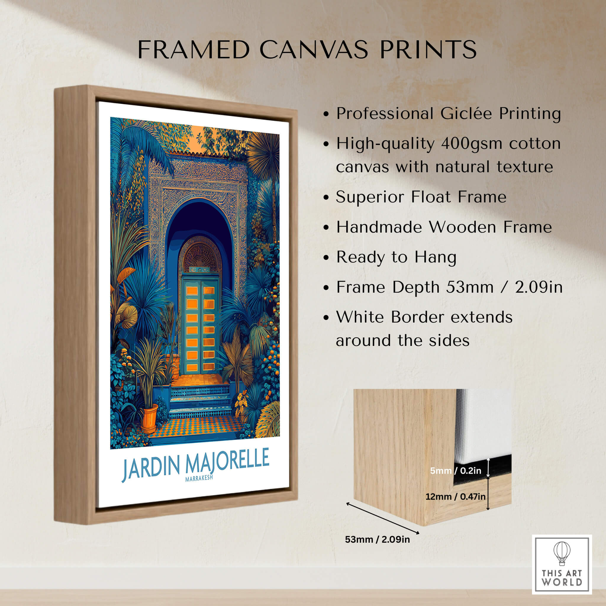 Jardim Majorelle Marrakesh Posters | Detailed Blue Architecture Canvas Print showcased in a stylish wooden frame.