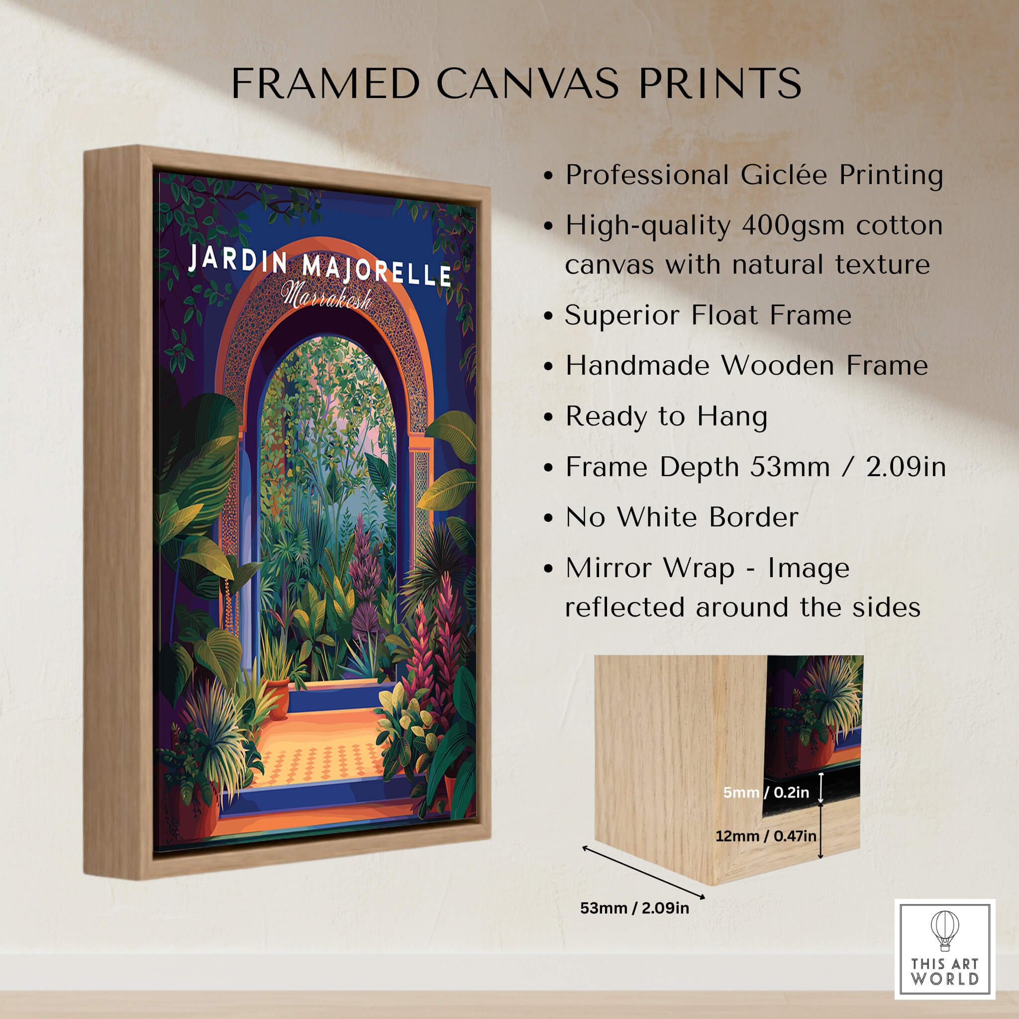 Jardim Majorelle Marrakesh Travel Poster | Lush Tropical Garden Wall Art Print showcased in a framed canvas with wooden texture.