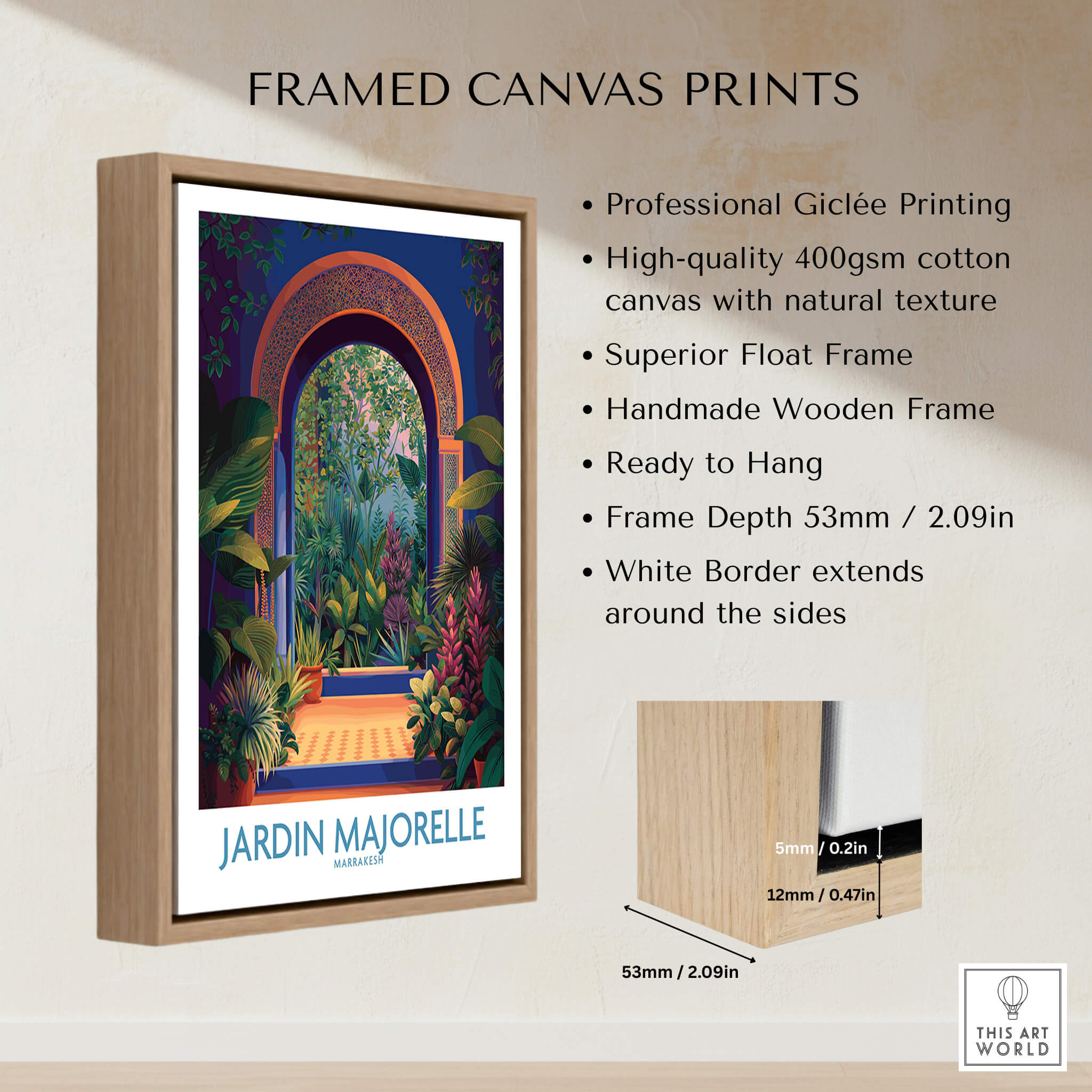 Jardim Majorelle Marrakesh Canvas Print | Colorful Moroccan Landscape Poster in a stylish wooden frame.