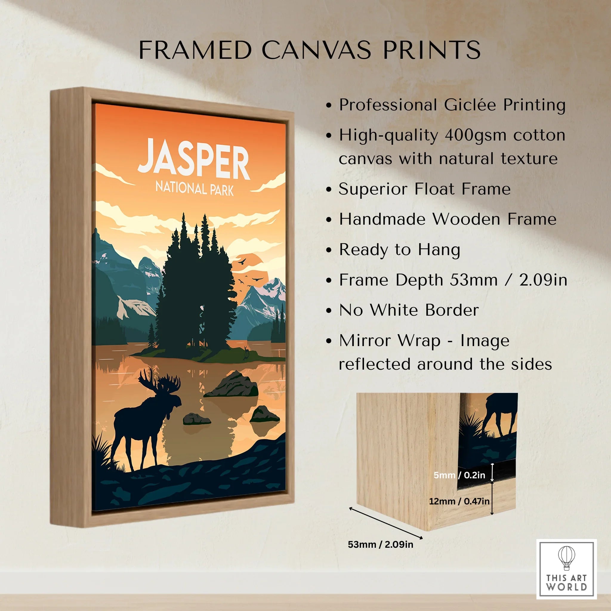 Jasper National Park framed canvas print with float frame, moose silhouette, and mountain landscape.