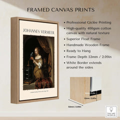 Framed canvas print of Johannes Vermeer A Woman Feeding Parrot - Dutch Golden Age Art Print Poster showcasing elegant design.