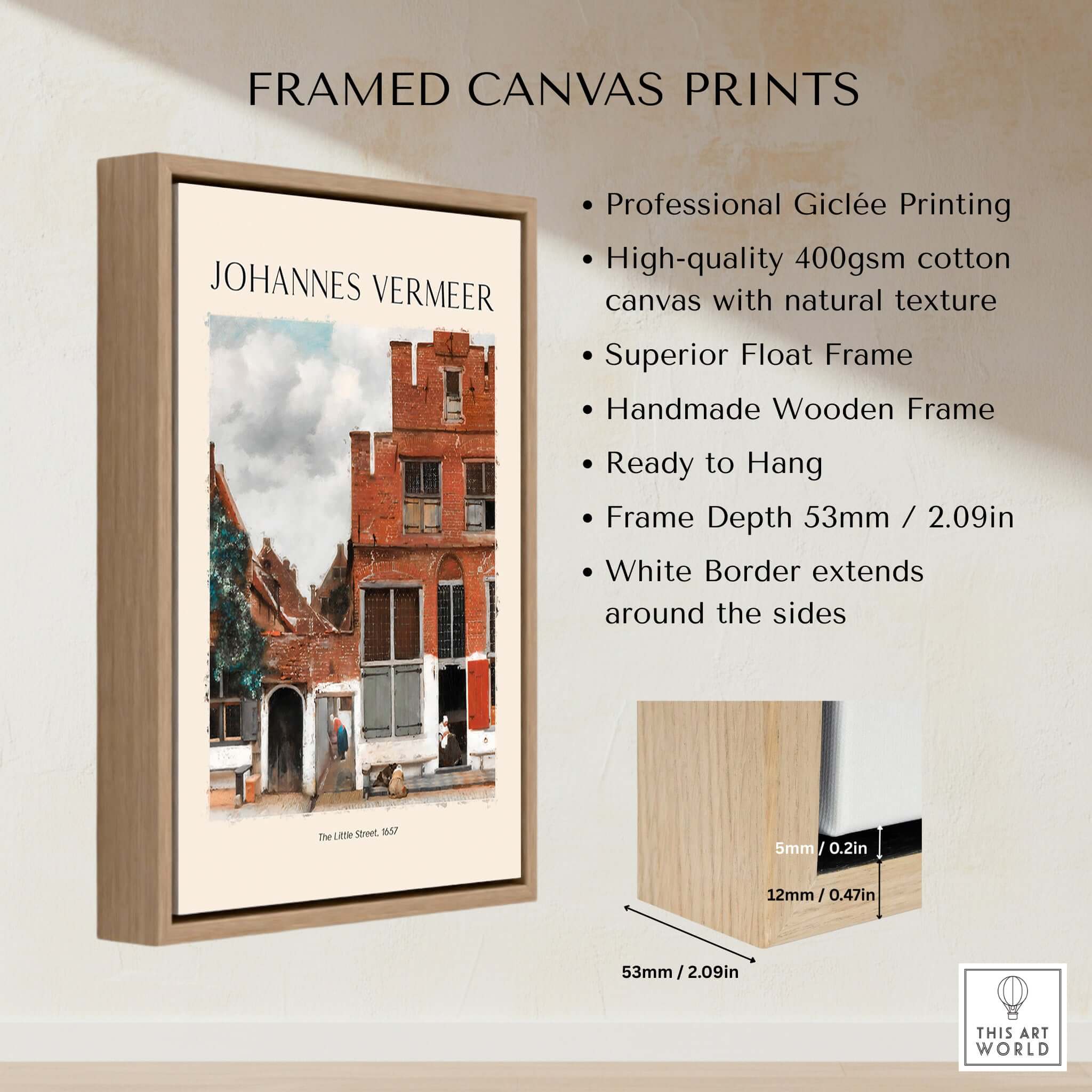 Framed canvas print of Johannes Vermeer The Little Street 1657 Delft Scene Dutch Golden Age Art Print showcasing professional giclée quality.