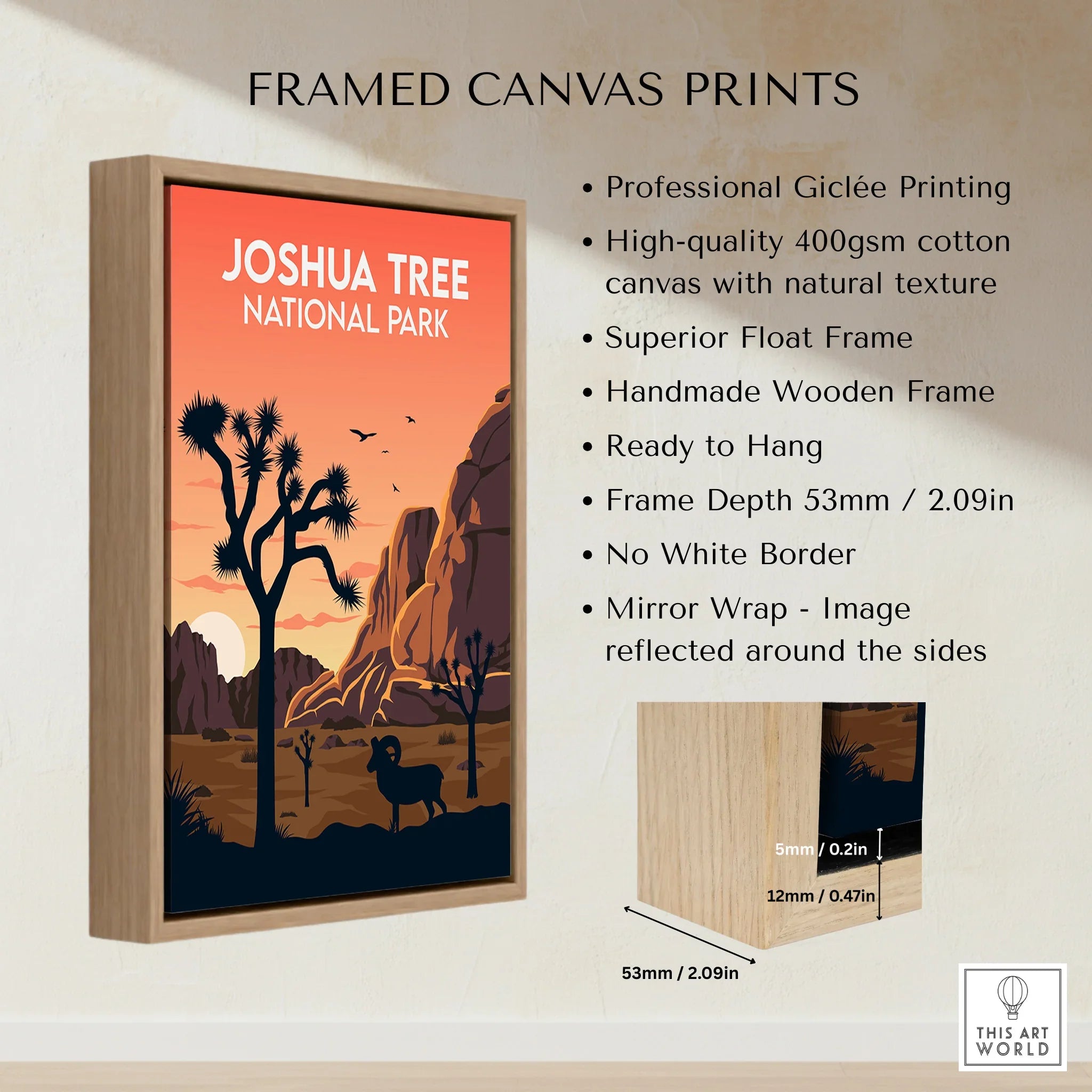 Framed Joshua Tree National Park canvas print with float frame, sunset desert landscape art