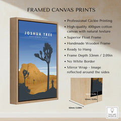 Framed canvas print of Joshua Tree National Park with wooden float frame and detailed specs