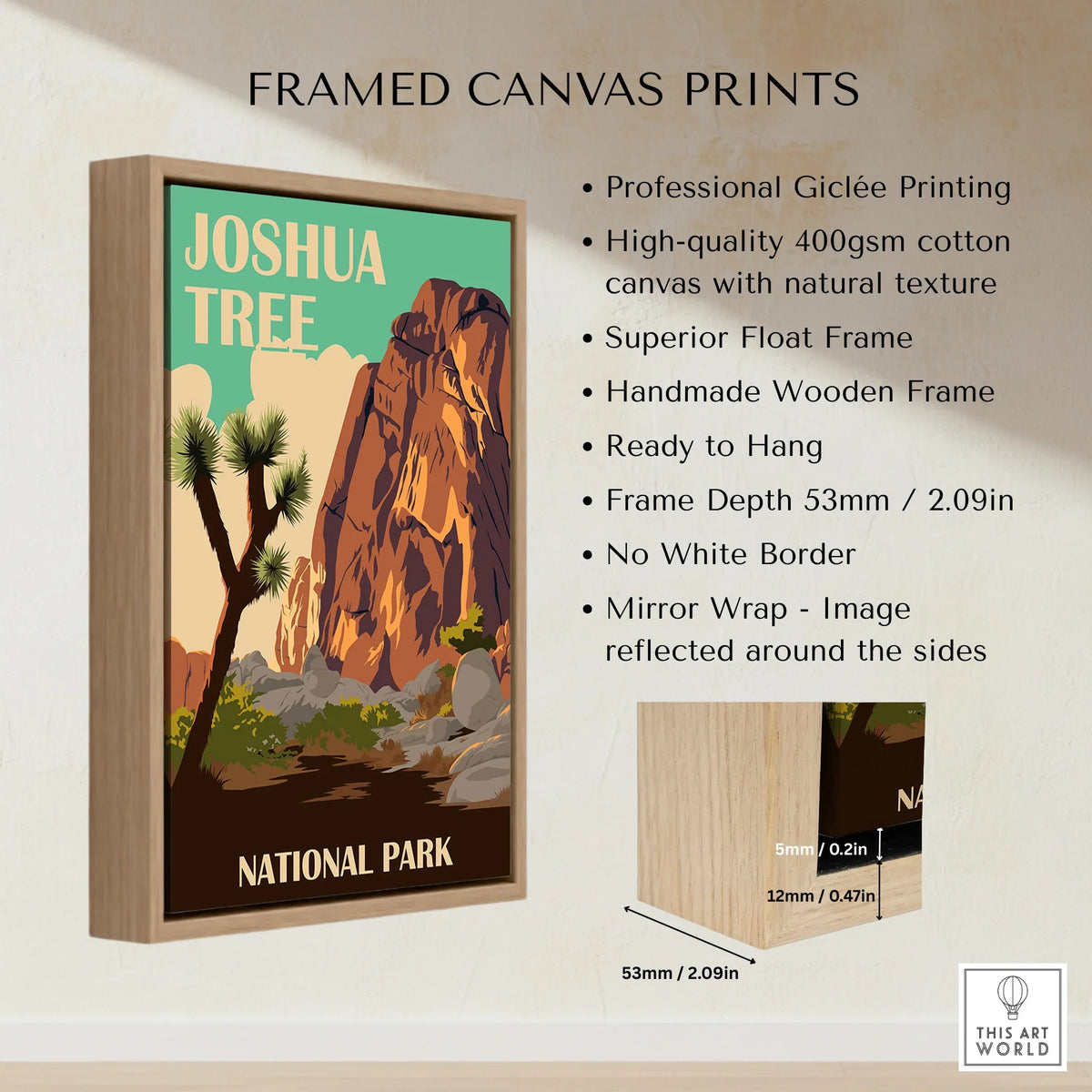 Joshua Tree National Park framed canvas print with float wooden frame and poster details
