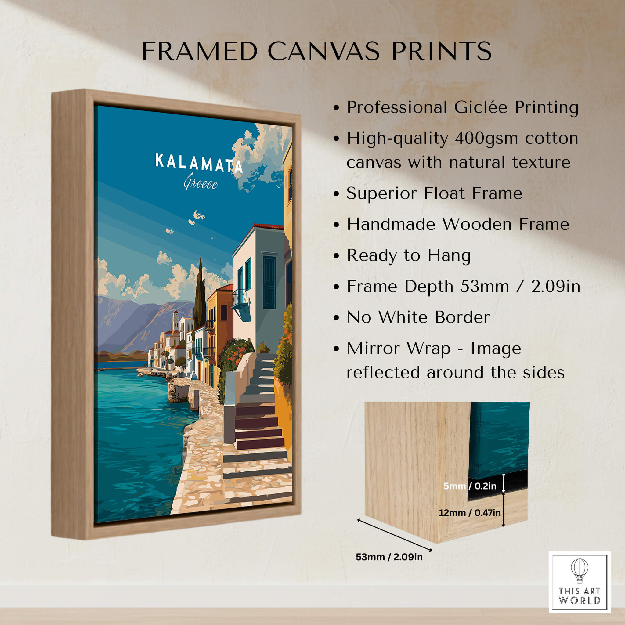 Kalamata Greece Wall Art Print | Mediterranean Seaside Town Travel Poster framed canvas print with wooden frame and professional printing.