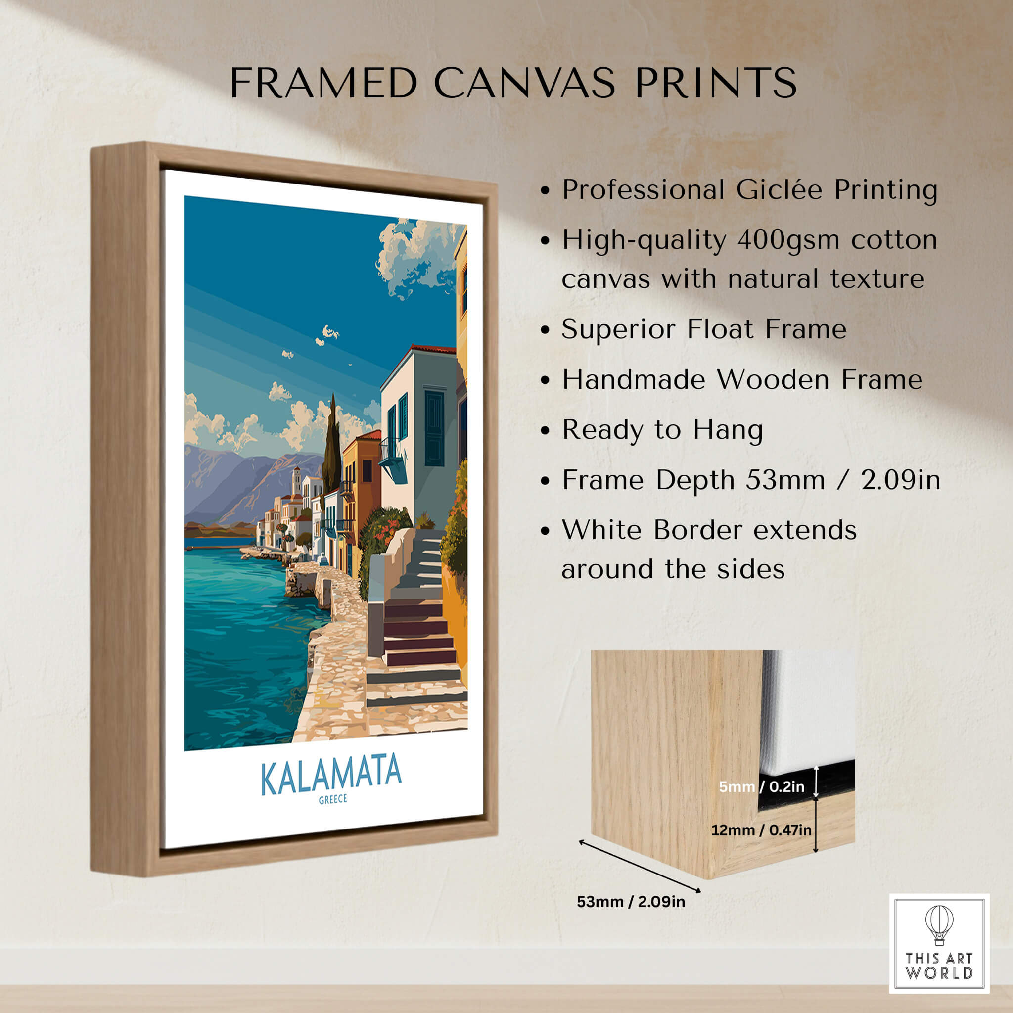 Kalamata Greece Poster | Greek Coastal Canvas Print framed in a wooden frame, showcasing picturesque coastal landscape.