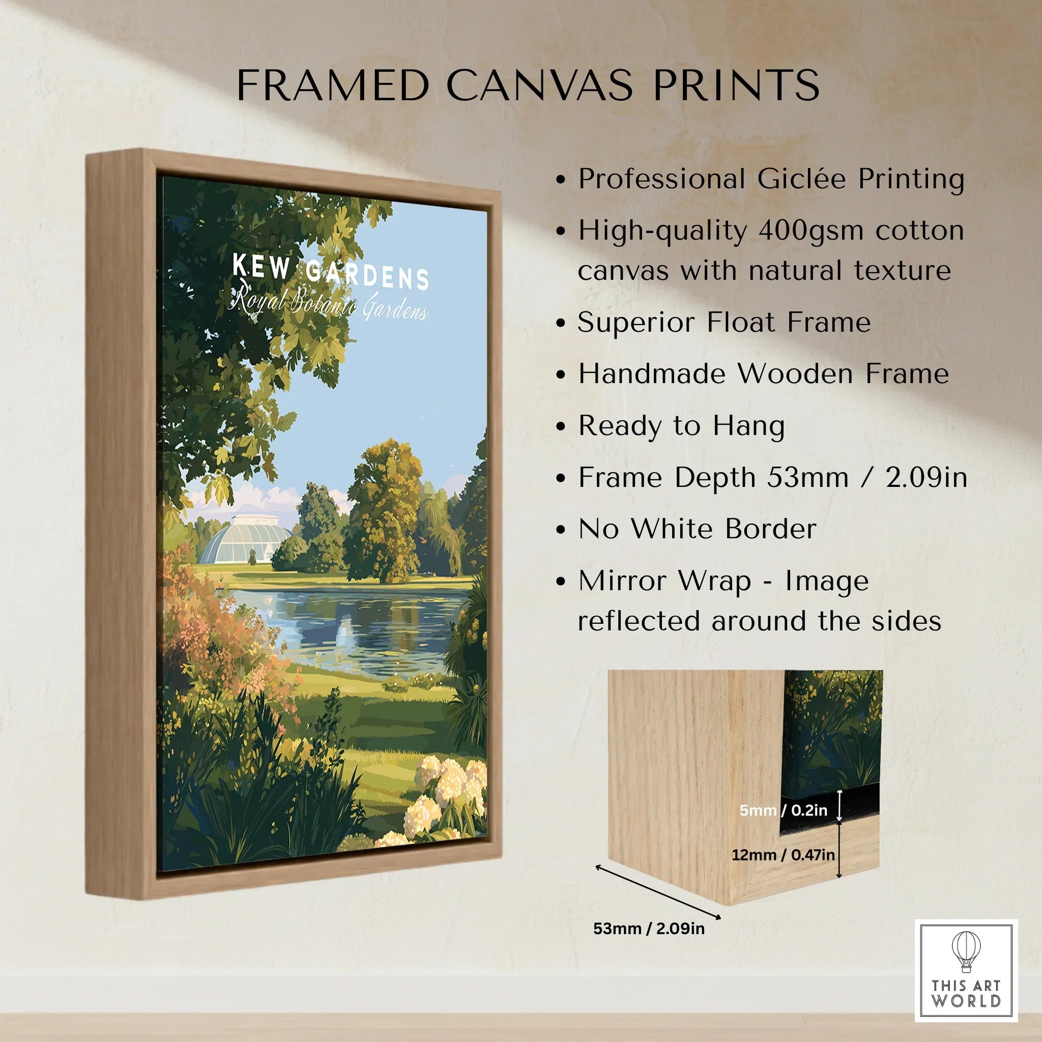 Kew Gardens framed canvas print with wooden float frame and quality printing details