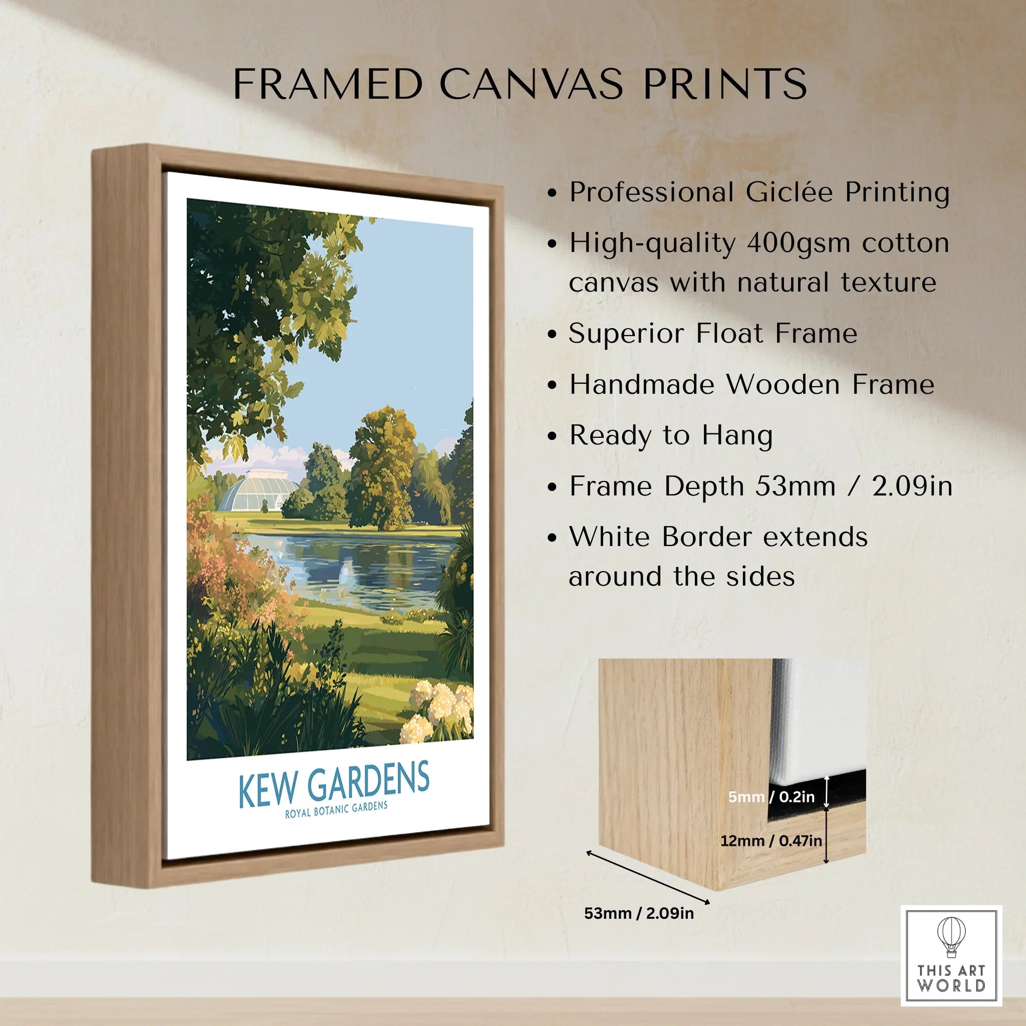 Framed Kew Gardens wall art print with float frame, canvas texture, and wooden frame details