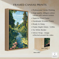 Framed canvas print of Kew Gardens scene in wooden float frame, wall art product details