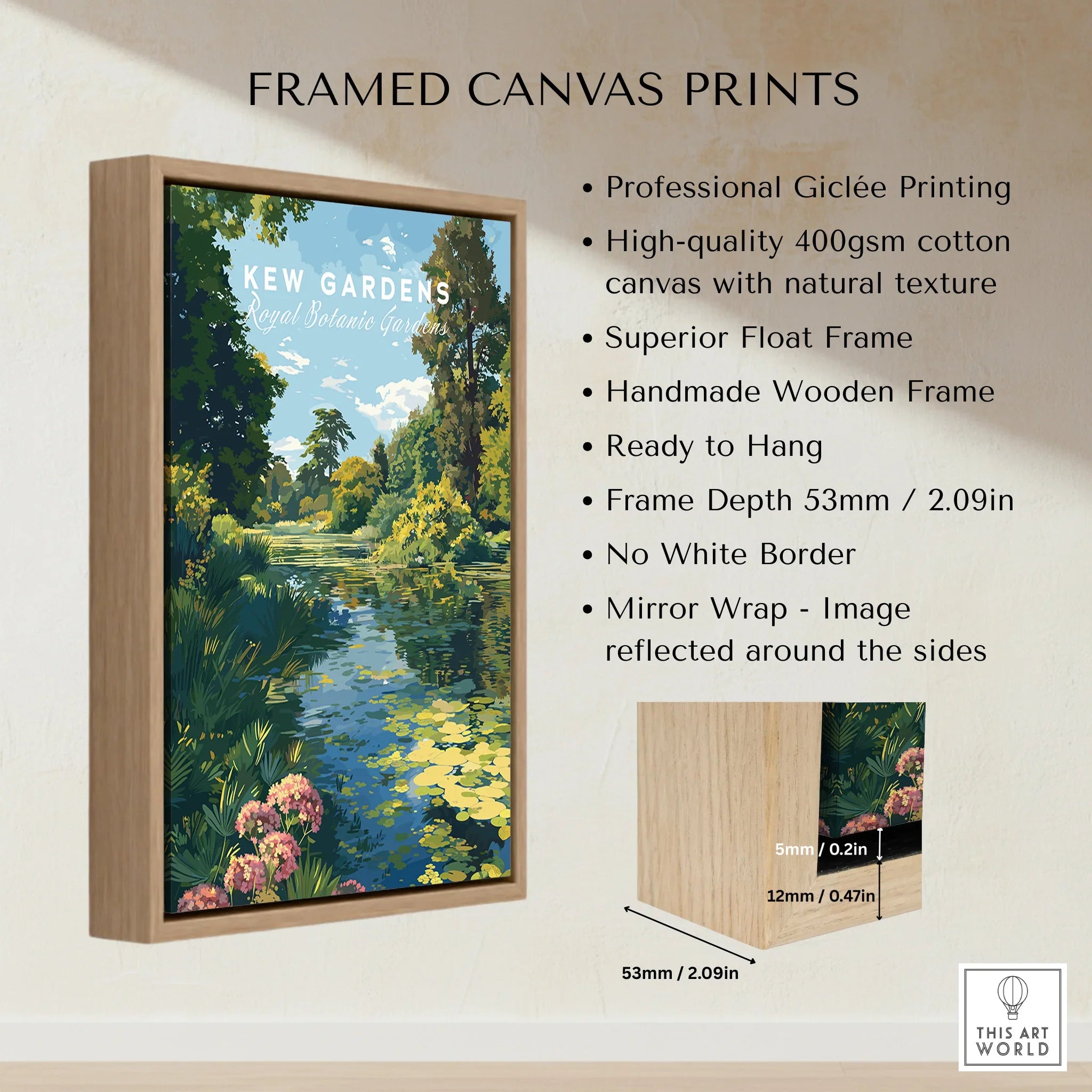 Framed canvas print of Kew Gardens scene in wooden float frame, wall art product details