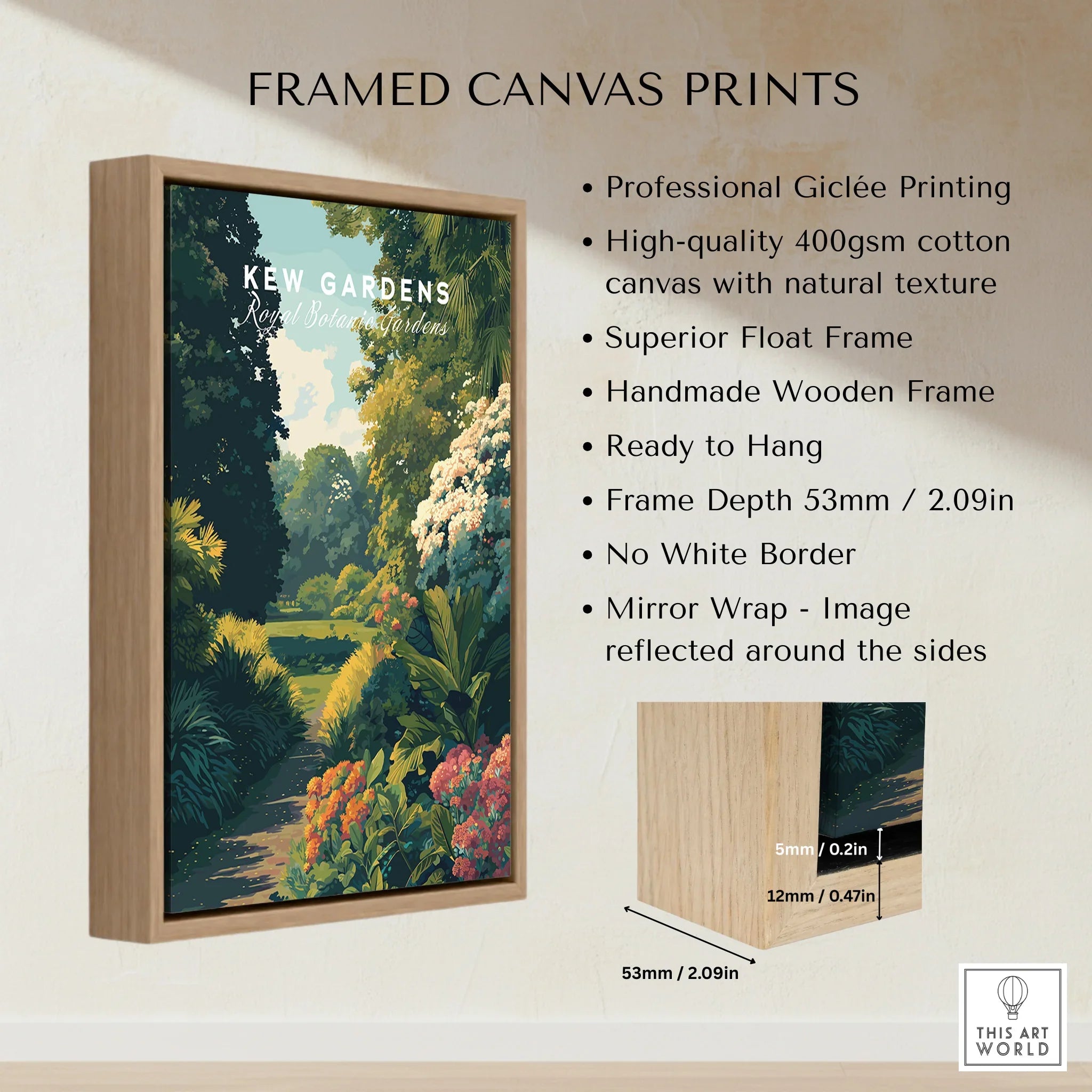 Framed canvas wall art print of Kew Gardens botanical landscape with float frame details.