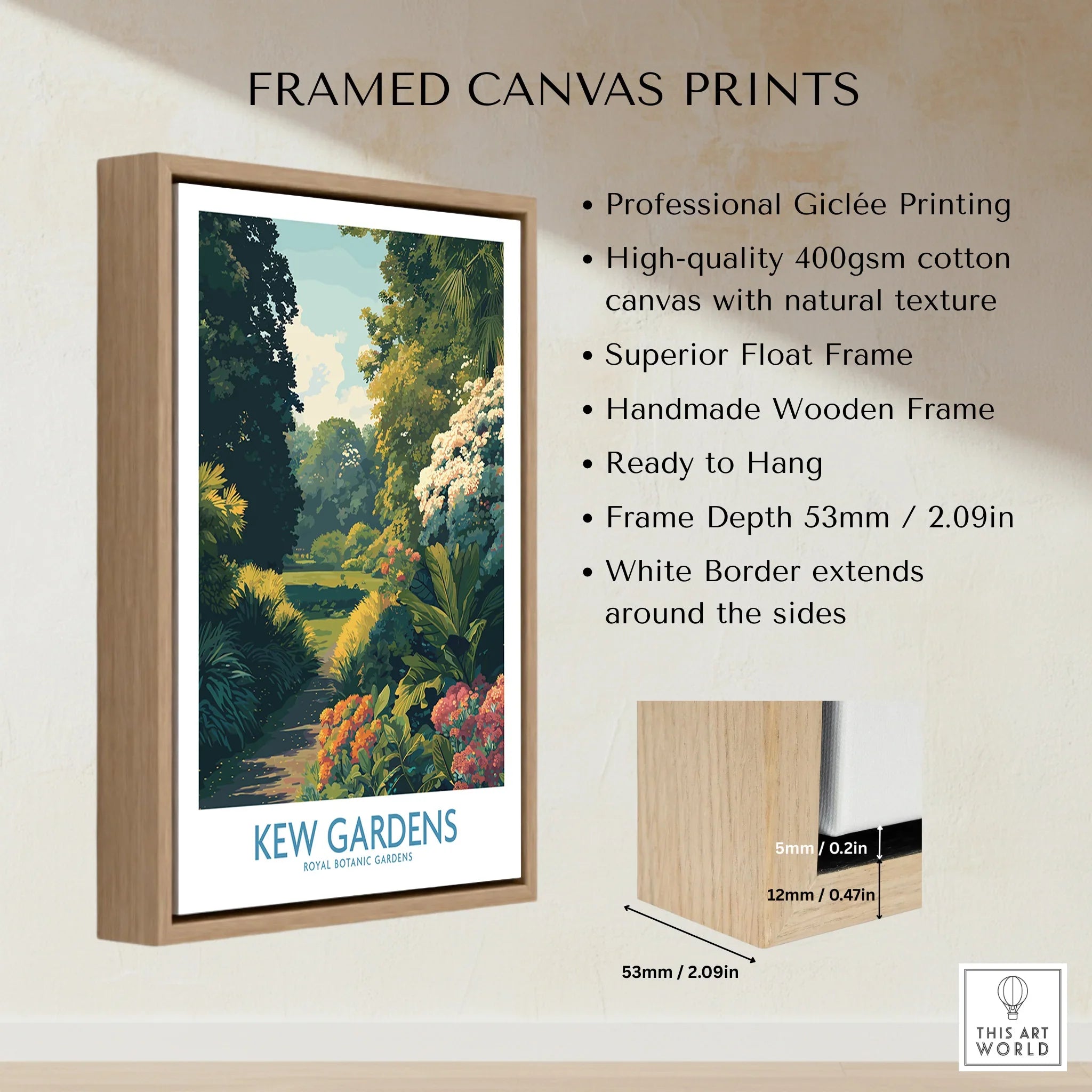 Framed canvas print of a botanical garden with float frame, wood finish, and product details.