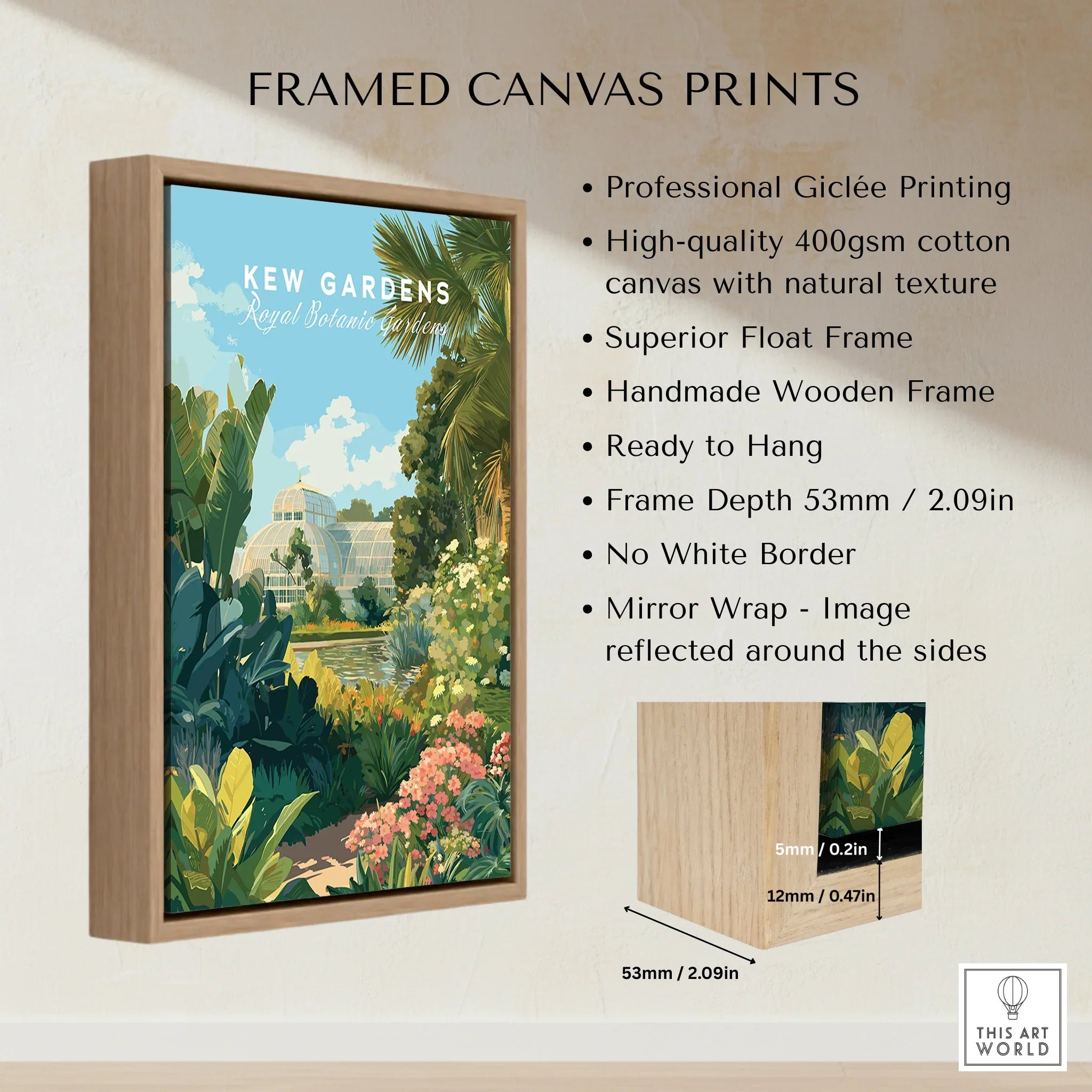 Framed canvas print of Kew Gardens botanical artwork with wooden float frame and lush greenery.
