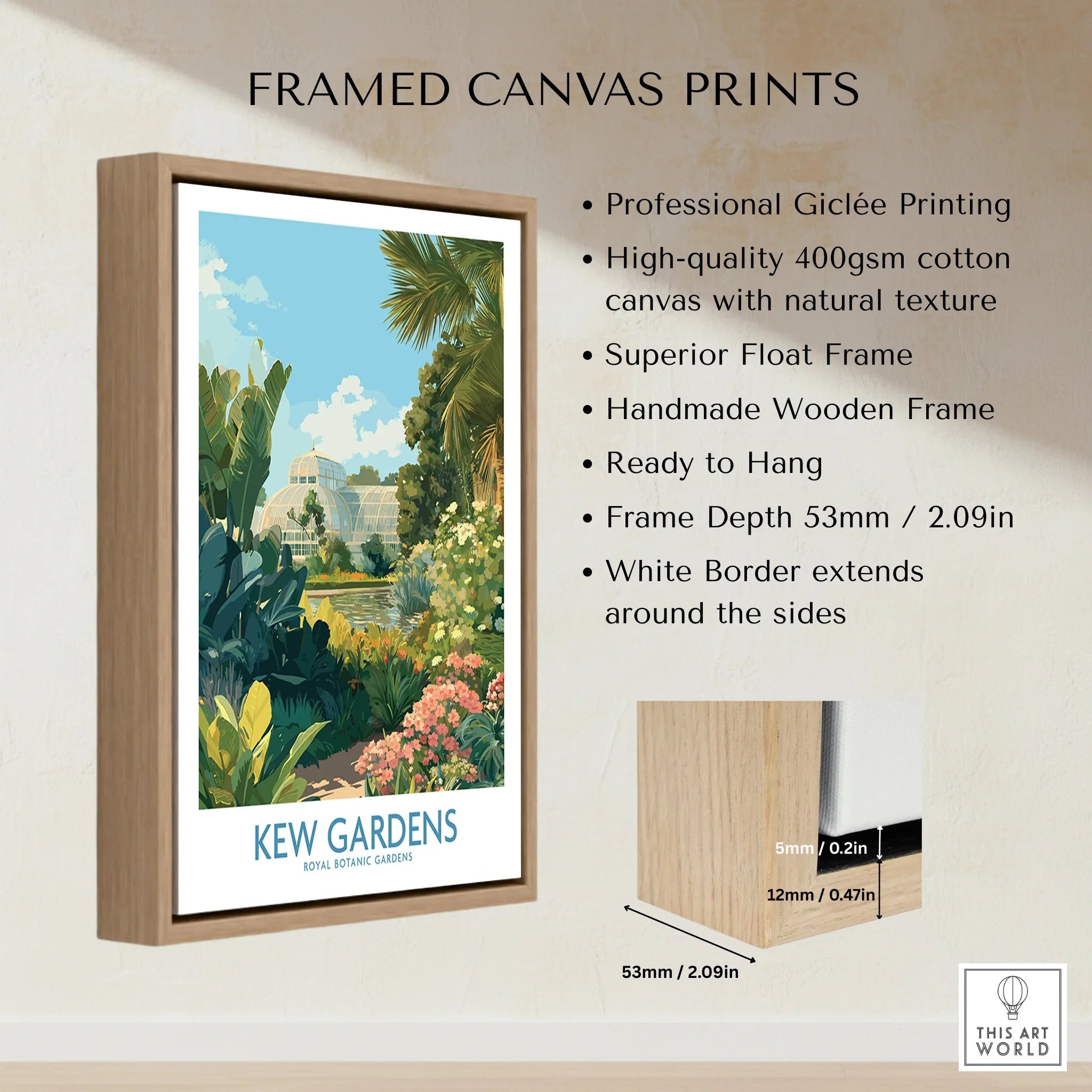 Kew Gardens framed canvas print with wooden float frame, botanical illustration, product details