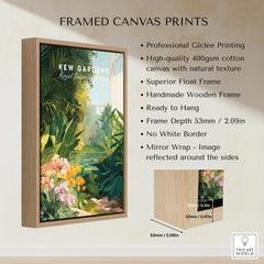 Framed Kew Gardens canvas print with wooden float frame, botanical wall art, size detail inset
