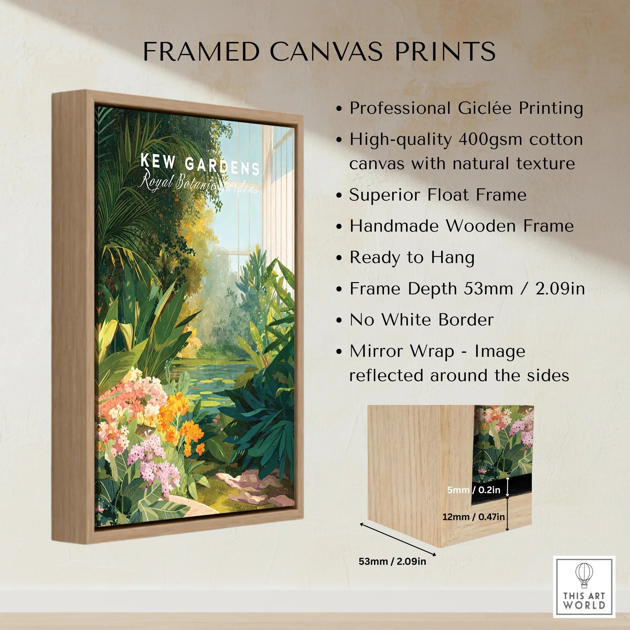 Framed Kew Gardens canvas print with wooden float frame, botanical wall art, size detail inset