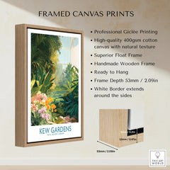 Framed canvas print of Kew Gardens botanical wall art in natural wood float frame, quality details shown.