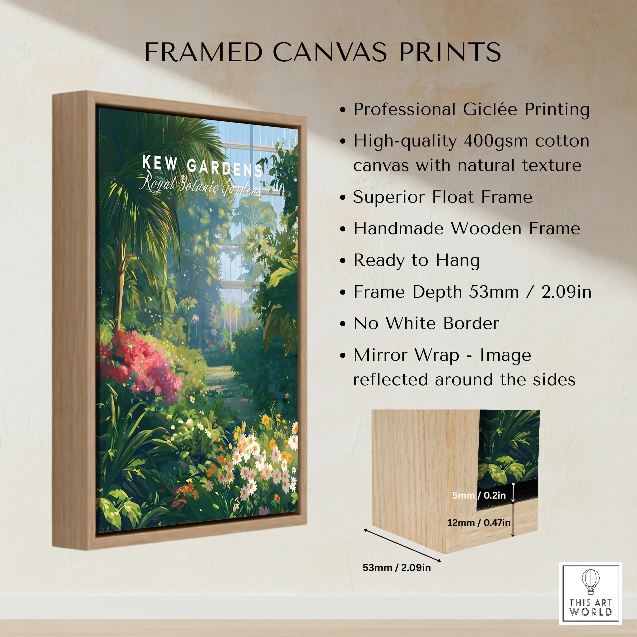 Kew Gardens framed canvas print with float frame and botanical garden artwork, wall art details