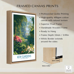 Framed canvas print of Kew Gardens with float wooden frame, floral garden art on wall.
