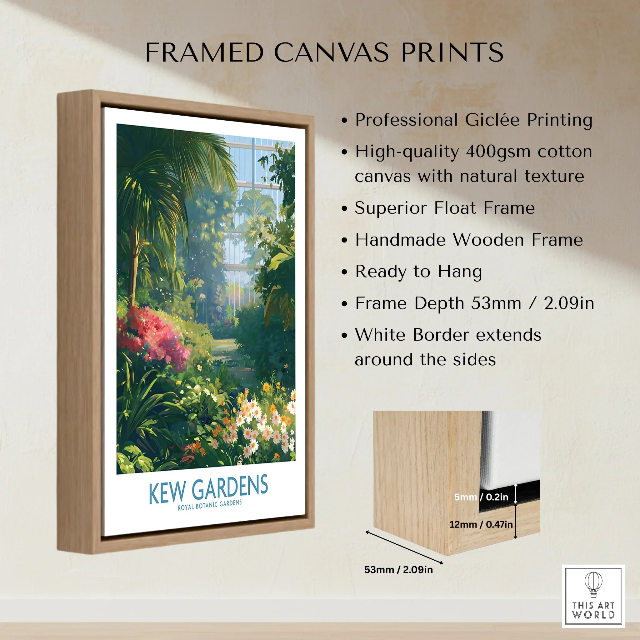 Framed canvas print of Kew Gardens with float wooden frame, floral garden art on wall.