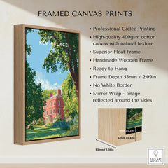 Framed canvas wall art print of Kew Palace with handmade wooden float frame and lush greenery.