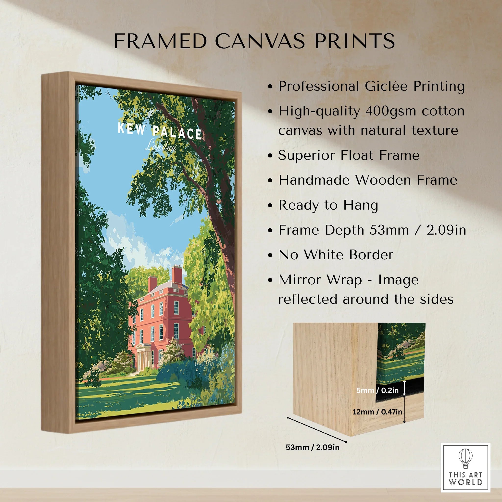 Framed canvas wall art print of Kew Palace with handmade wooden float frame and lush greenery.