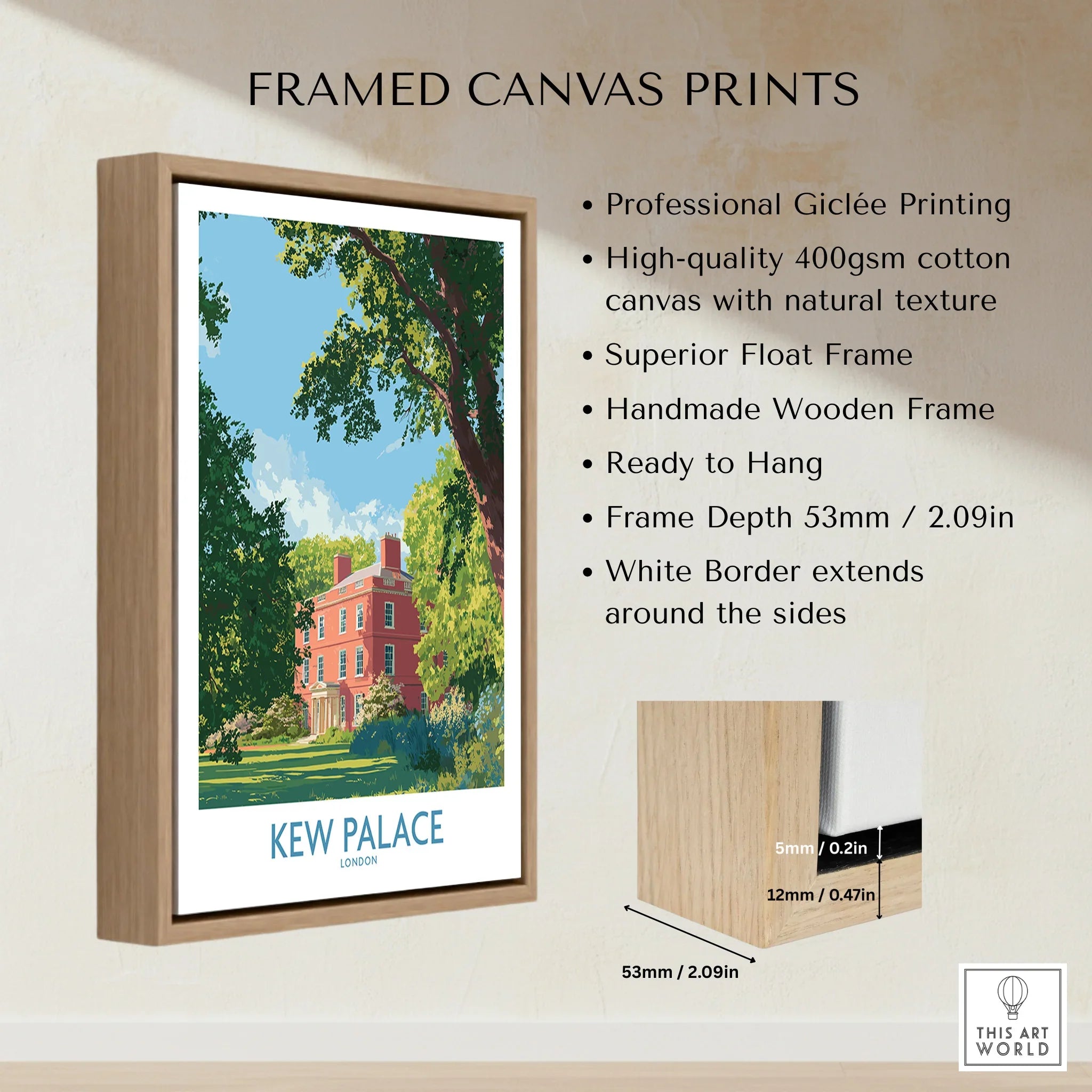 Kew Palace London travel poster in a handmade wood float frame, premium canvas wall art.
