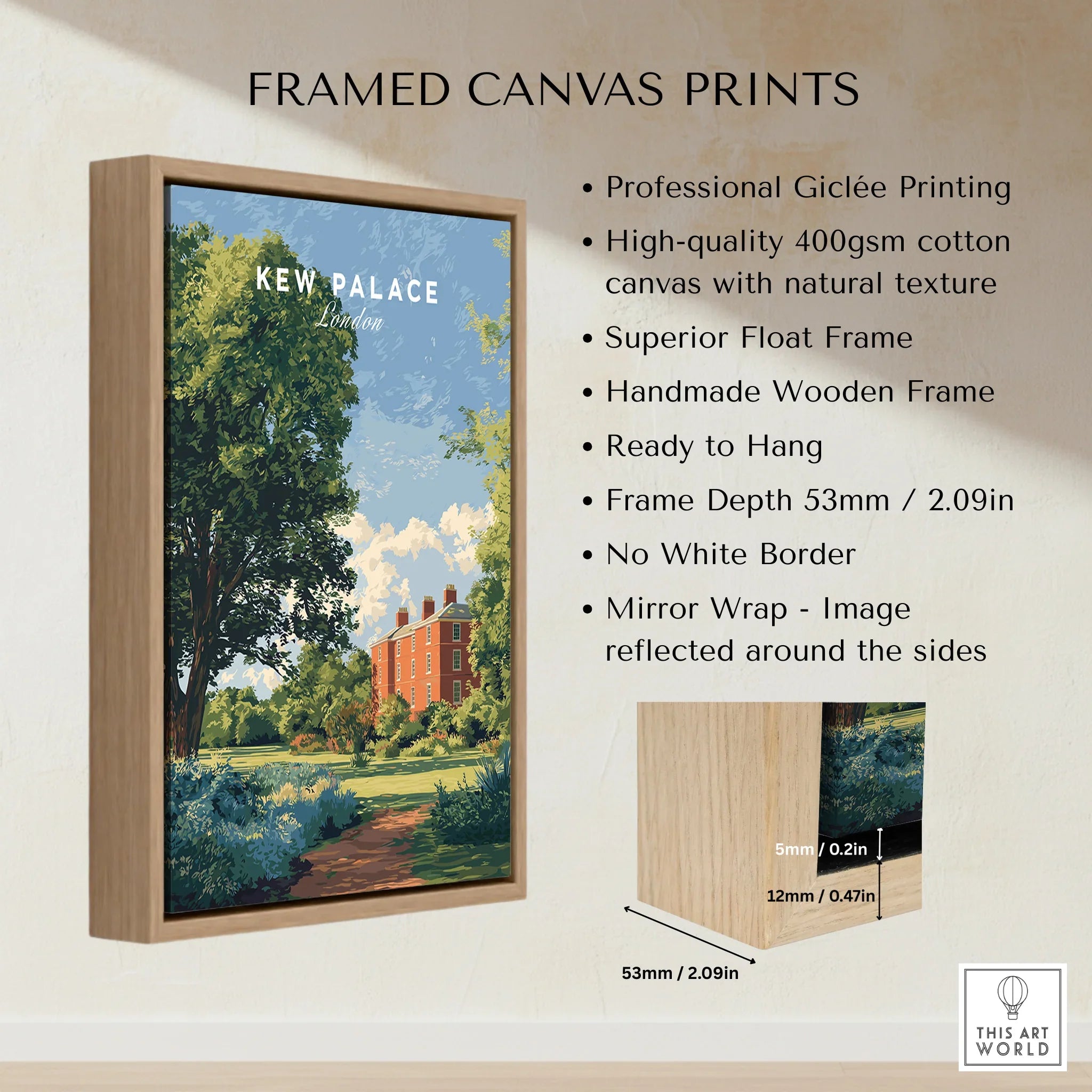 Framed Kew Palace London travel poster canvas print with float frame details
