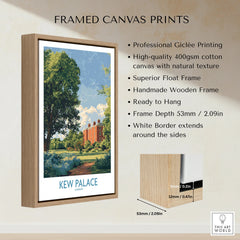 Framed canvas print of Kew Palace with float frame, wooden border, and product features listed.