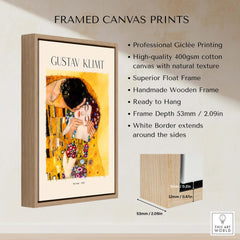 Gustav Klimt Art Print - The Kiss 1907 framed canvas print with handmade wooden frame and professional giclée printing.
