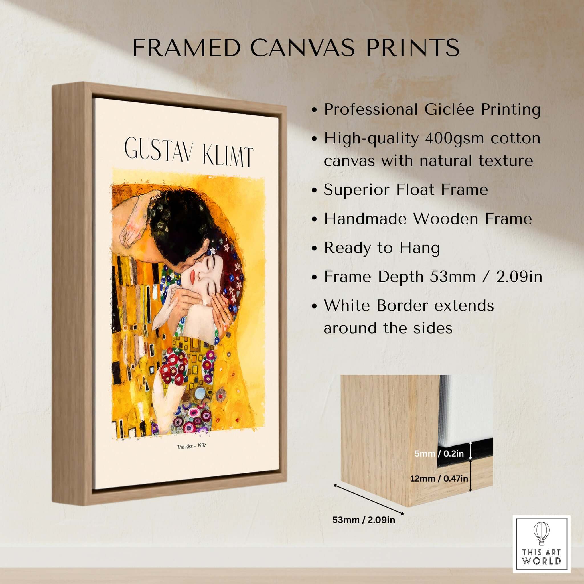 Gustav Klimt Art Print - The Kiss 1907 framed canvas print with handmade wooden frame and professional giclée printing.
