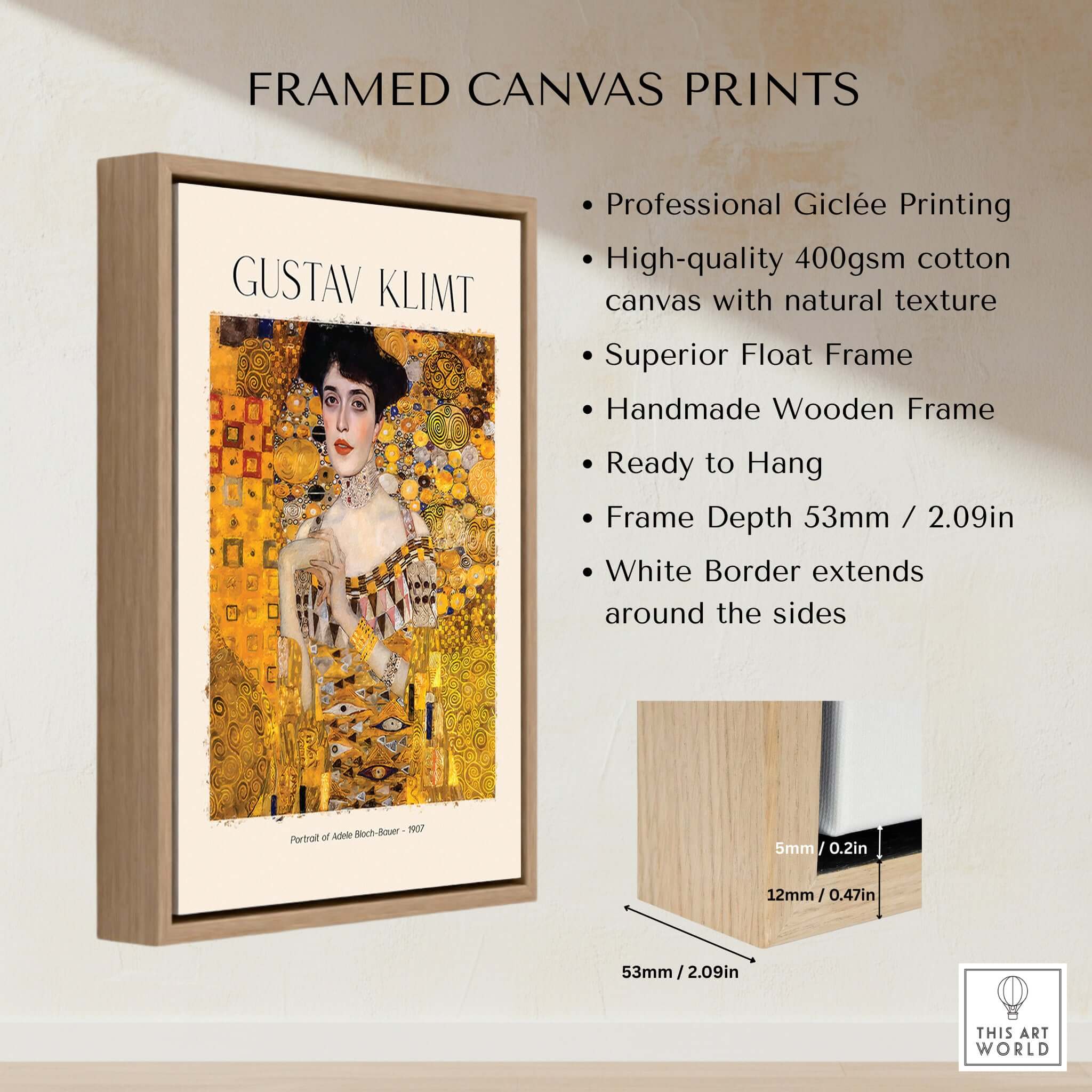 Gustav Klimt Art Print - Portrait of Adele Bloch-Bauer I Poster 1907, framed canvas print with wooden frame.