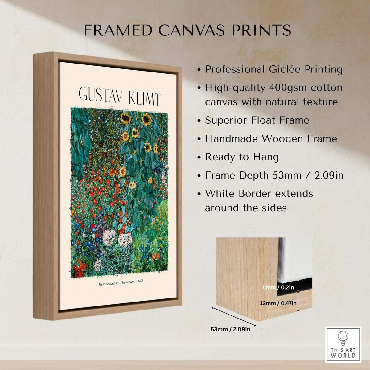 Gustav Klimt Art Print - Farm Garden with Sunflowers 1907 - Art Nouveau Landscape Poster Wall Decor in framed canvas.
