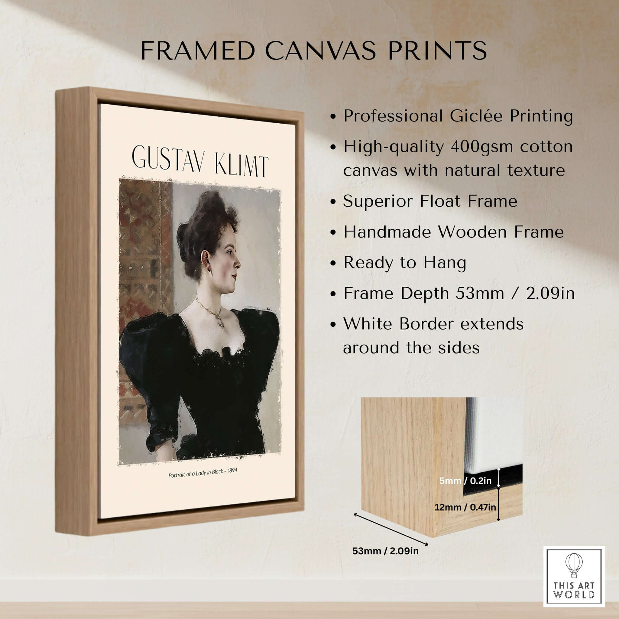 Gustav Klimt Art Print - Portrait of a Lady in Black 1894 framed canvas print showcasing elegant design.