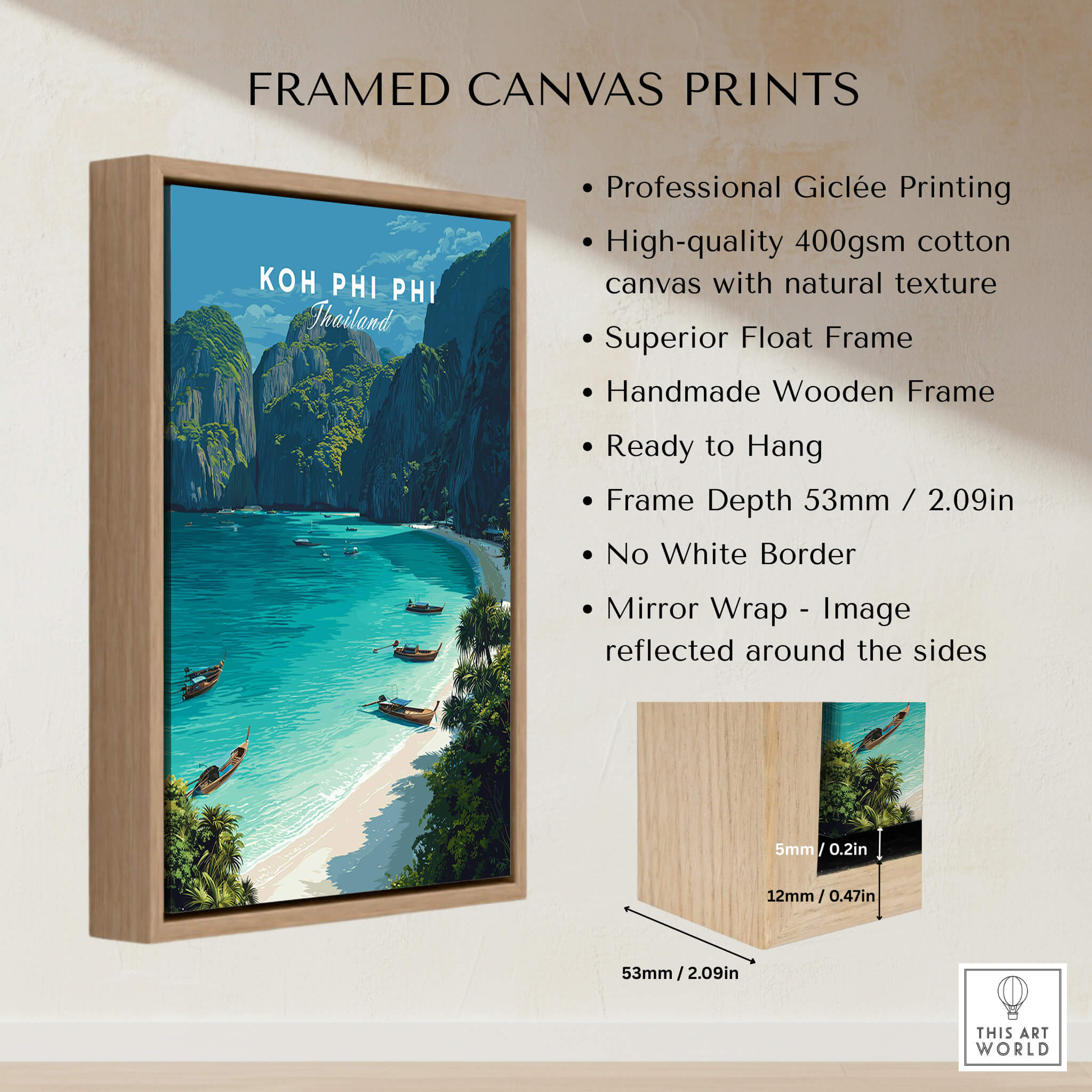 Koh Phi Phi Thailand Travel Poster | Maya Bay Tropical Beach Wall Art Print elegantly showcased in a framed canvas print.