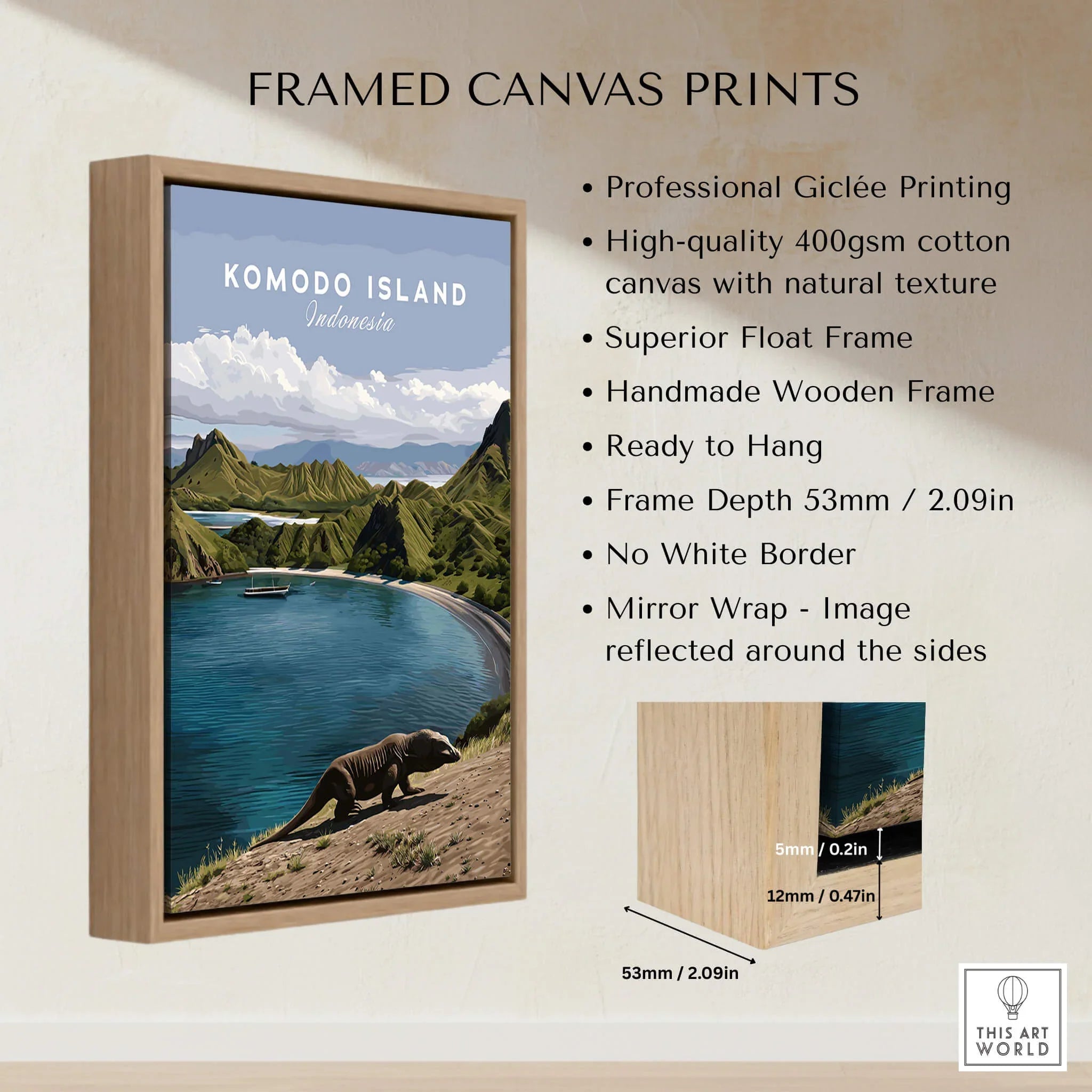 Komodo Island Indonesia travel poster in framed canvas print with wooden float frame details