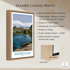 Framed Komodo Island canvas print with float frame, wooden border, and wall art features.