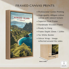 Framed Komodo Island travel poster with wooden float frame and canvas print details