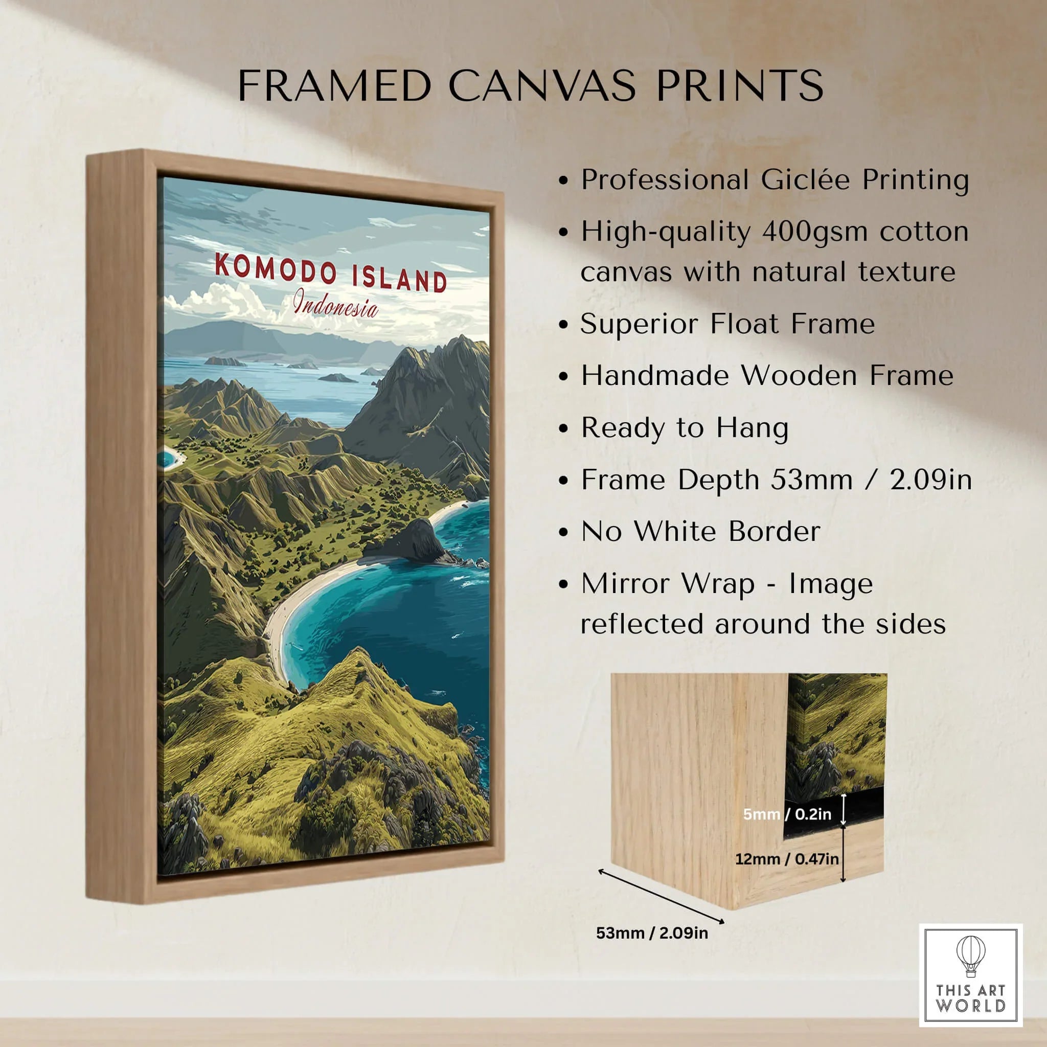 Framed Komodo Island travel poster with wooden float frame and canvas print details