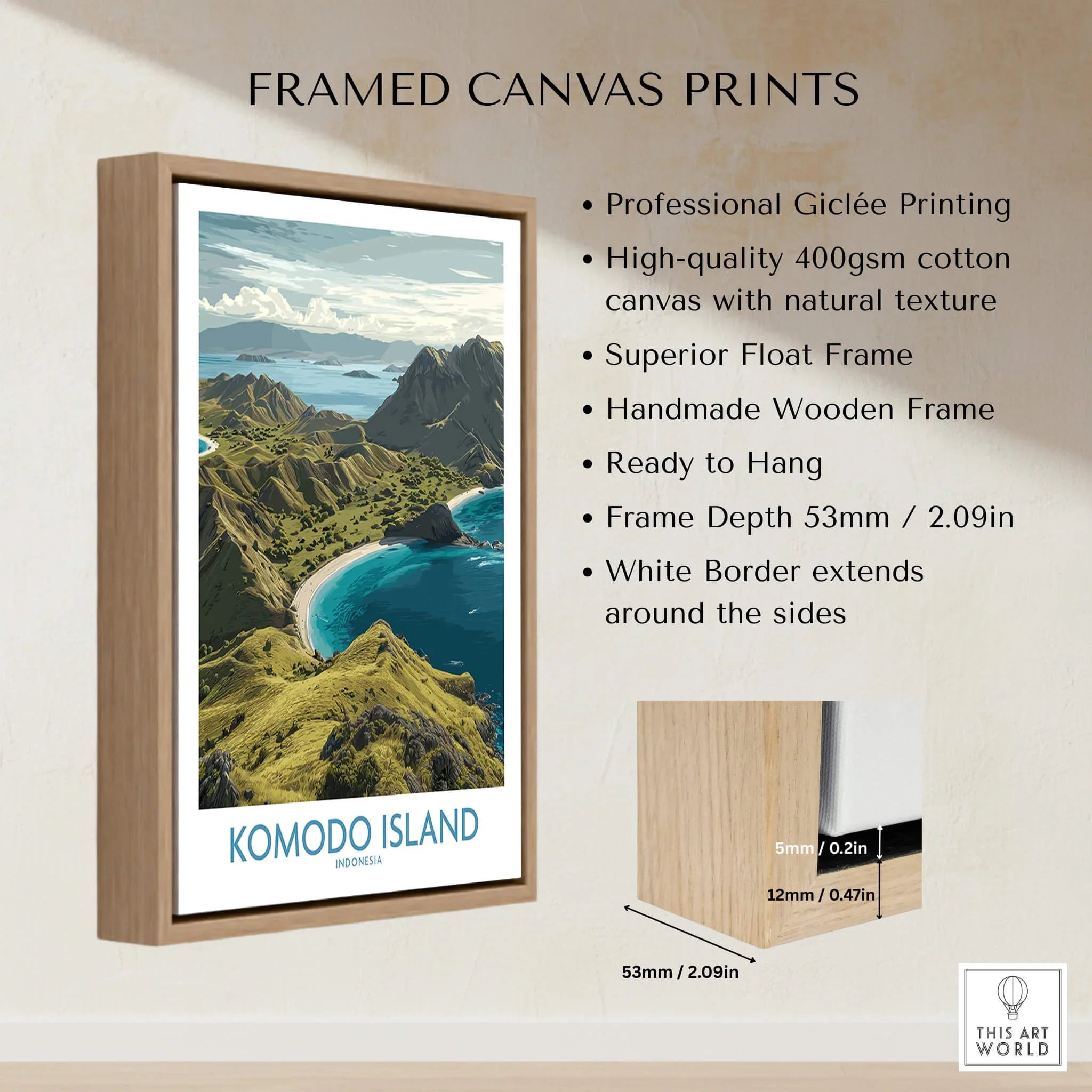Framed Komodo Island travel poster on canvas, float wooden frame, feature details beside print